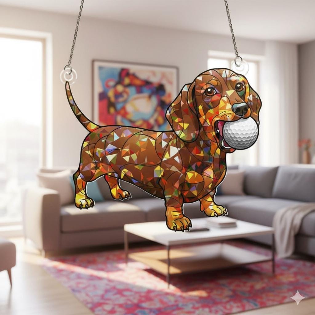 Dachshund Acrylic Suncatcher With Golf Ball, Window Hanging
