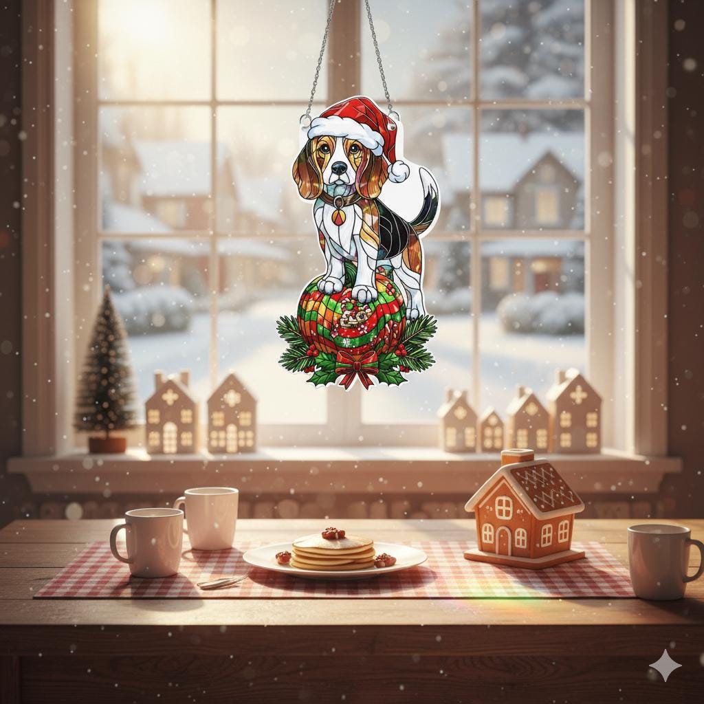 Beagle Acrylic Suncatcher, Santa Hat Christmas Window Hanging