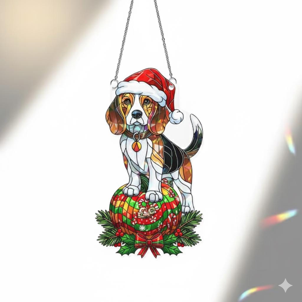 Beagle Acrylic Suncatcher, Santa Hat Christmas Window Hanging