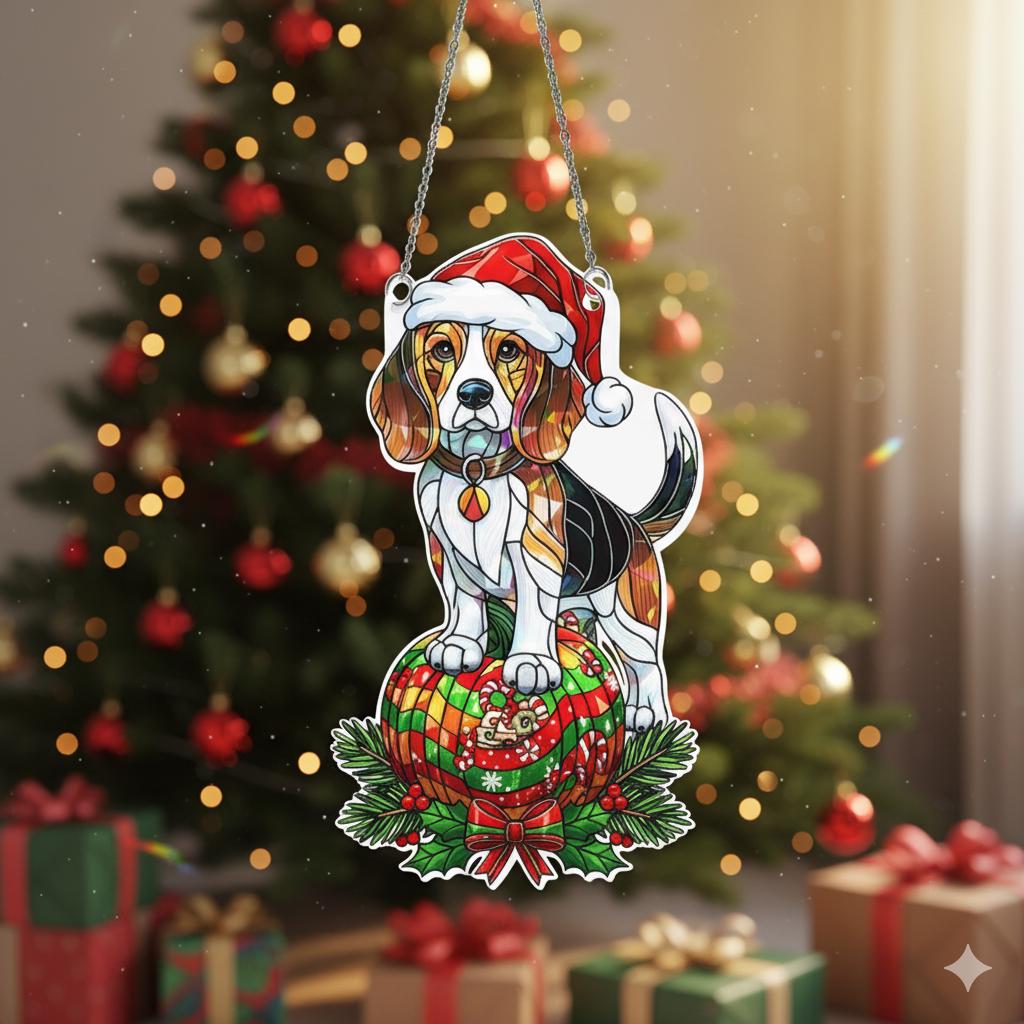 Beagle Acrylic Suncatcher, Santa Hat Christmas Window Hanging