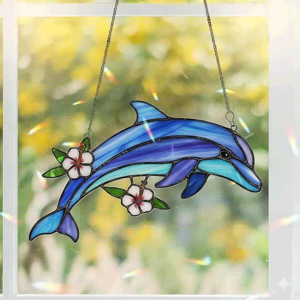 Dolphin Suncatcher With Hibiscus, Ocean Window Hanging