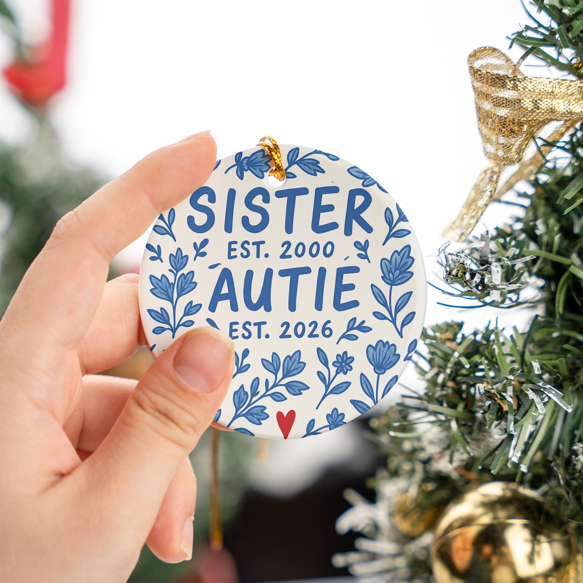 Baby Announcement Ornament, Ceramic Round, Personalized Est Year Text, Sister or Auntie, Blue Floral
