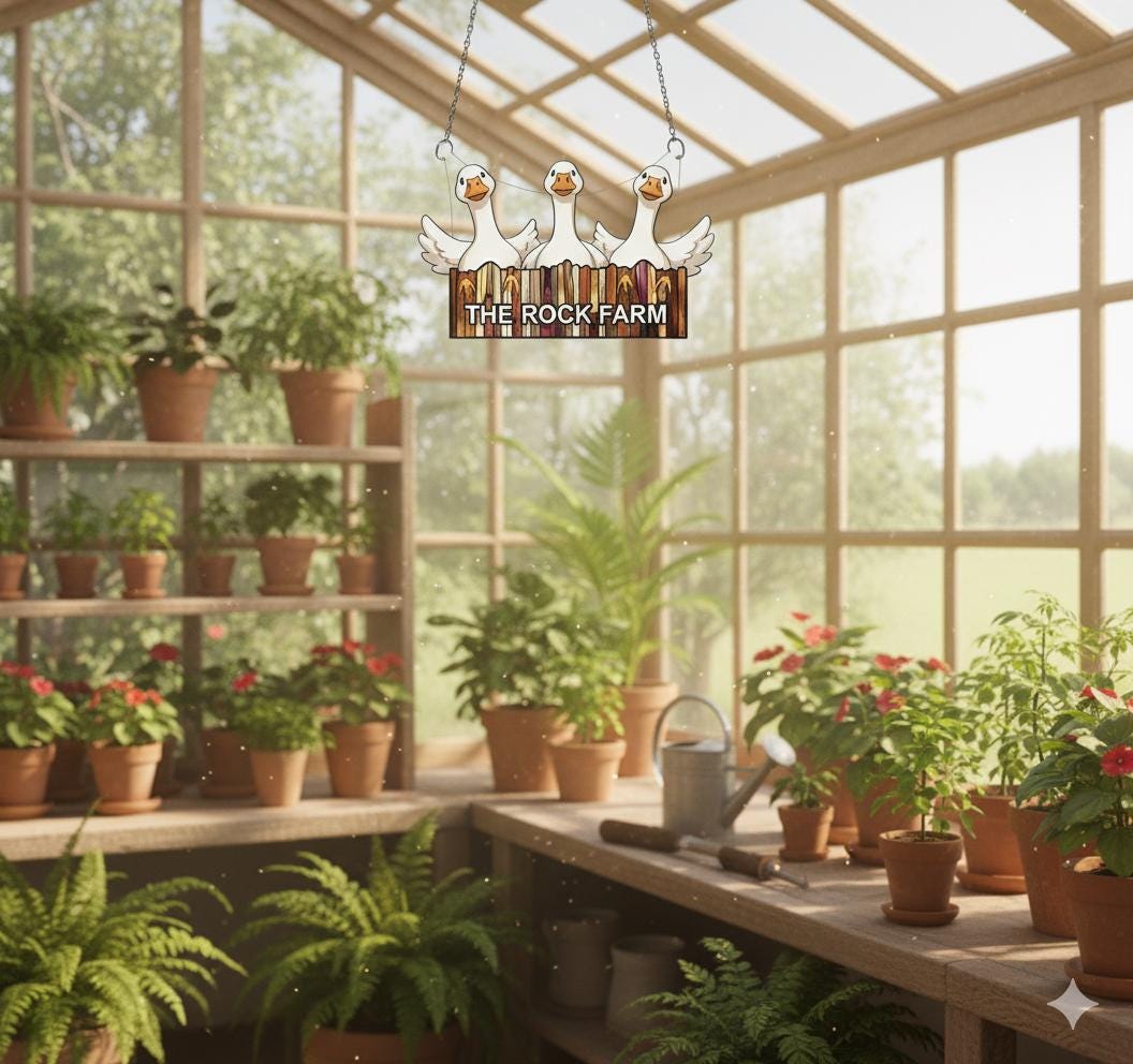 Geese Window Hanging, Farm Suncatcher Acrylic, Chain Hanger, Rustic Fence, White Geese Decor