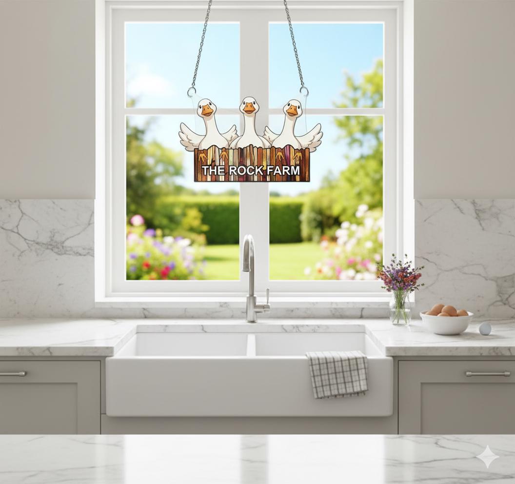 Geese Window Hanging, Farm Suncatcher Acrylic, Chain Hanger, Rustic Fence, White Geese Decor