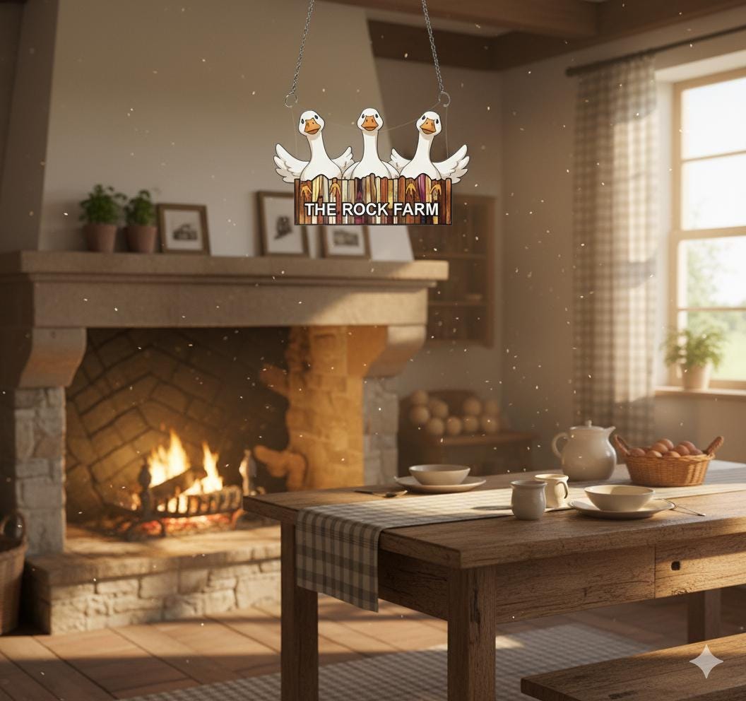 Geese Window Hanging, Farm Suncatcher Acrylic, Chain Hanger, Rustic Fence, White Geese Decor