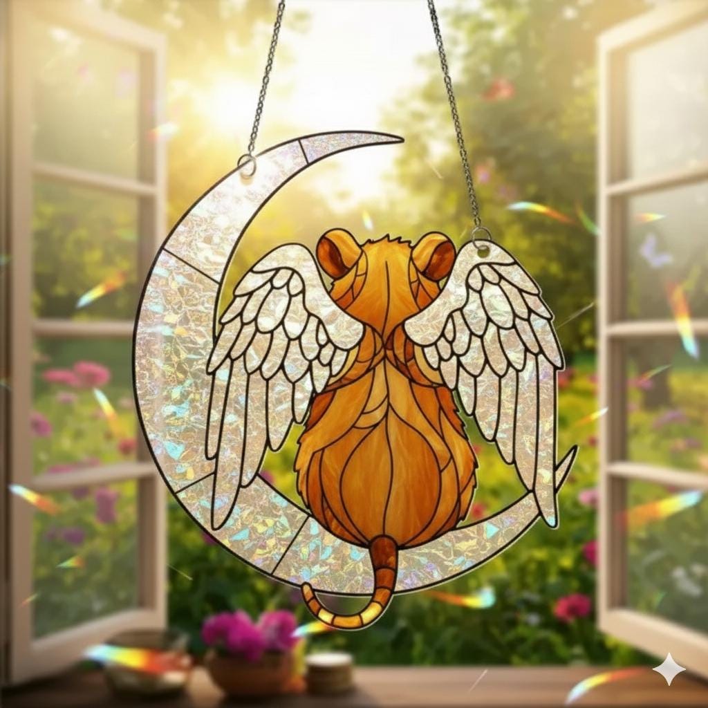 Hamster Memorial Window Hanging, Angel Wings Crescent Moon Suncatcher, Acrylic Pet Loss Decor