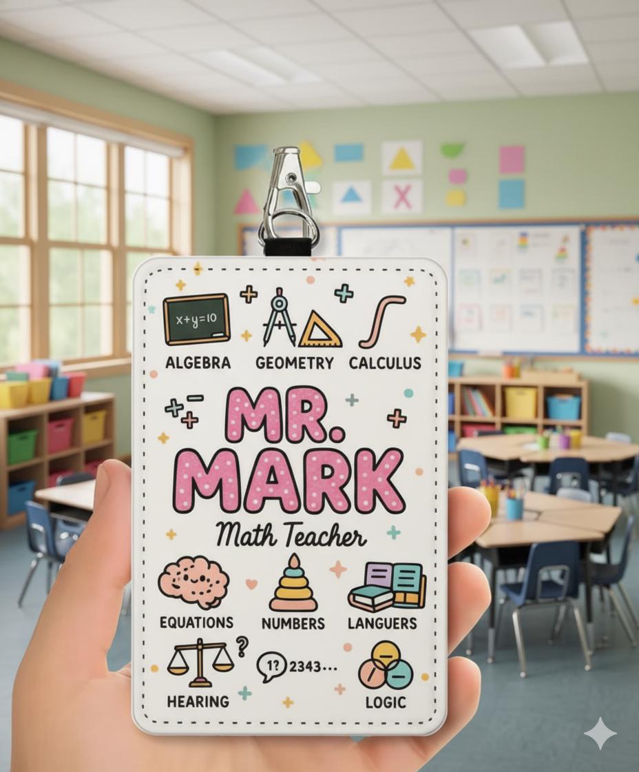 Math Teacher ID Badge Holder, Personalized Name, Retractable Clip, Classroom Icons