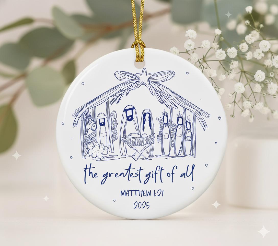 Nativity Ceramic Ornament — Christian Christmas Tree Decoration Matthew 1:21 2025
