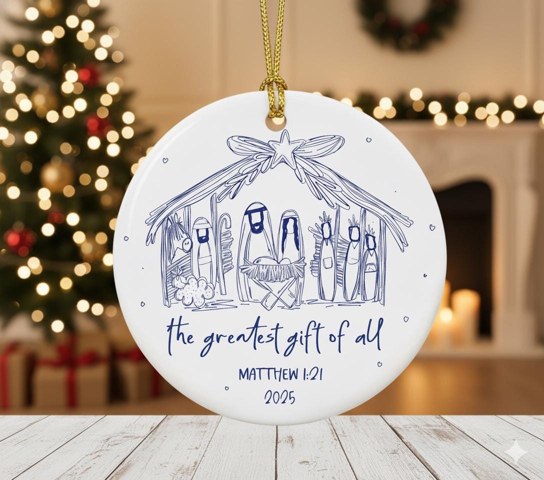 Nativity Ceramic Ornament — Christian Christmas Tree Decoration Matthew 1:21 2025