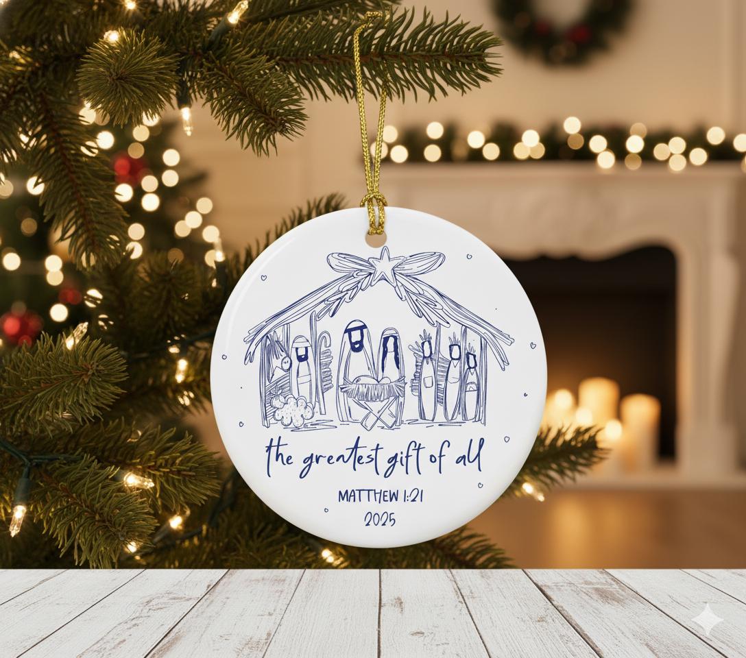 Nativity Ceramic Ornament — Christian Christmas Tree Decoration Matthew 1:21 2025