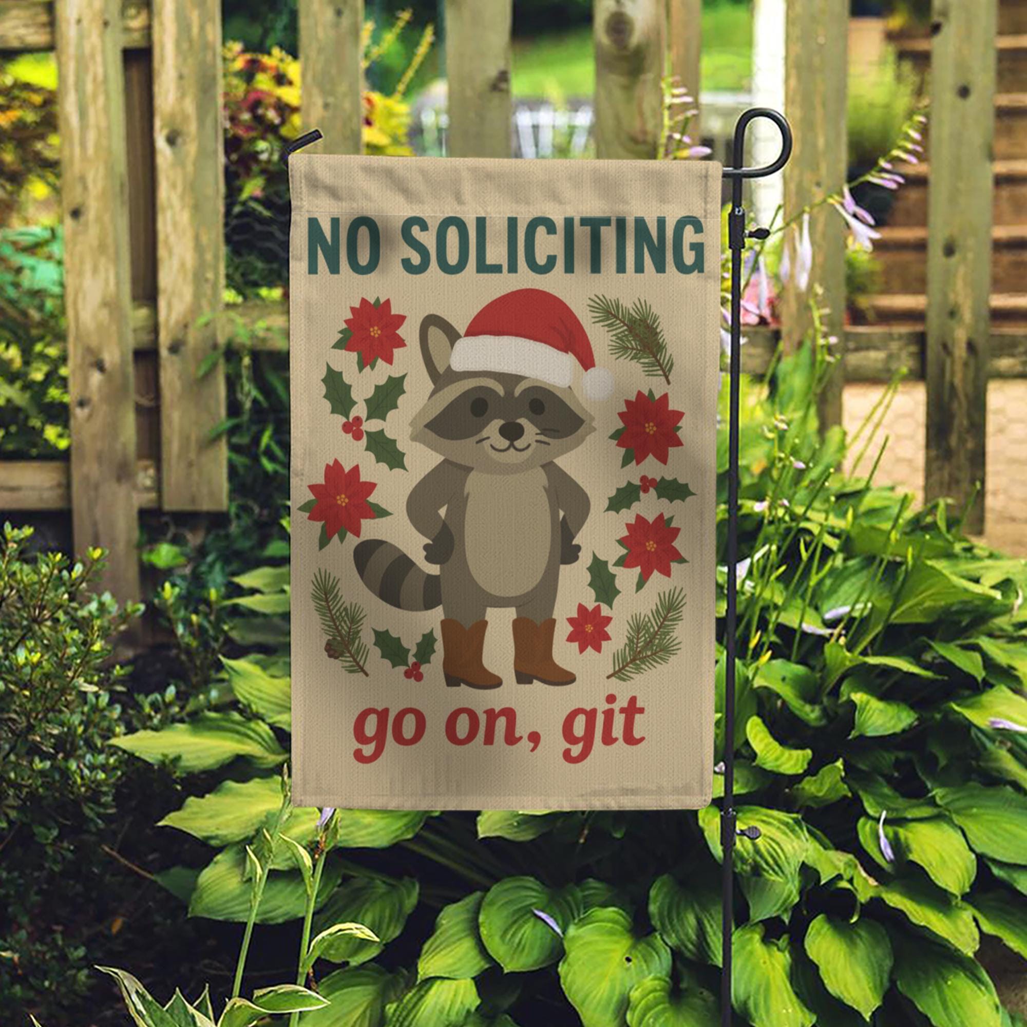Funny No Soliciting Garden Flag — Raccoon Christmas Outdoor Yard Decoration