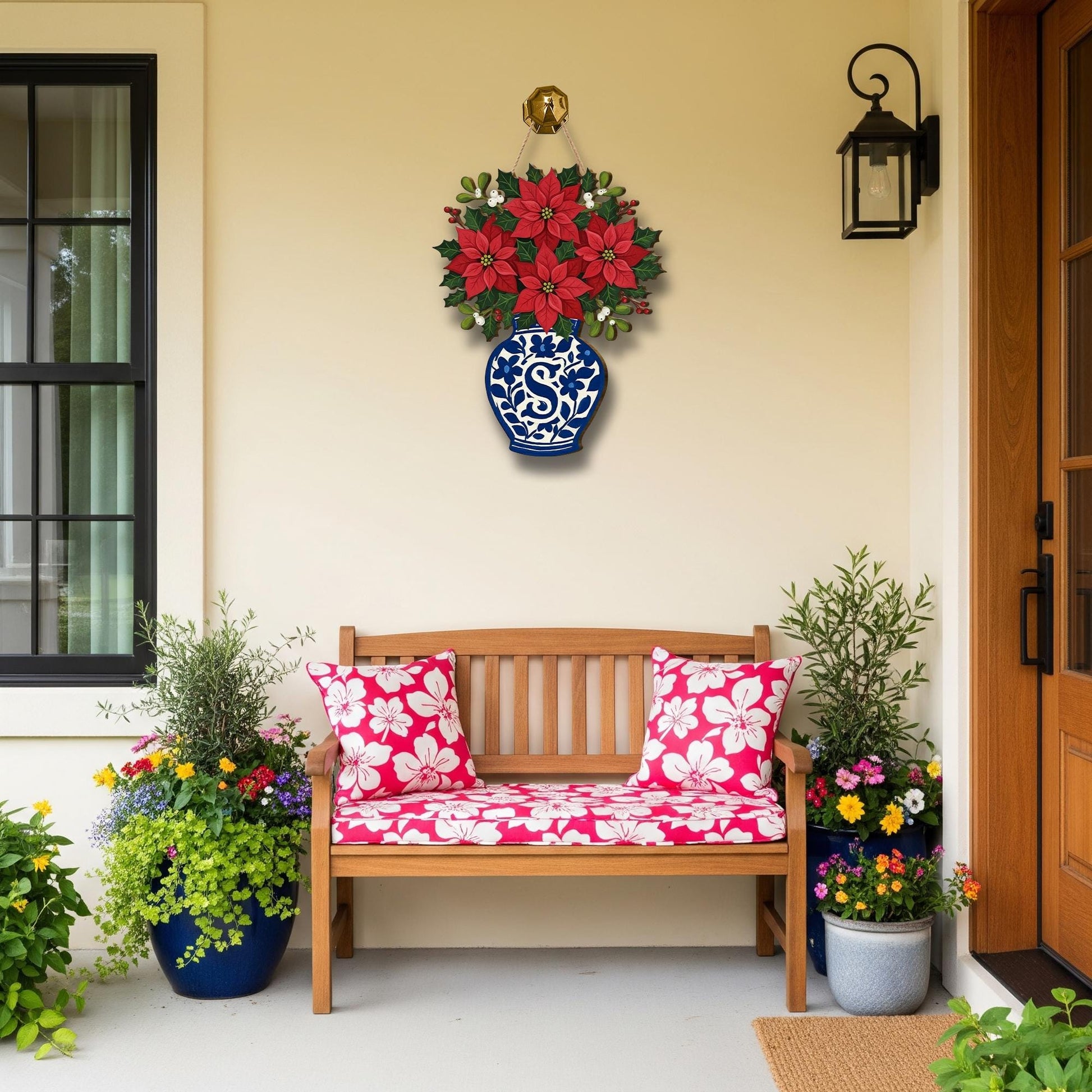 Personalized Poinsettia Wooden Door Sign — Custom Monogram Christmas Wall Hanging