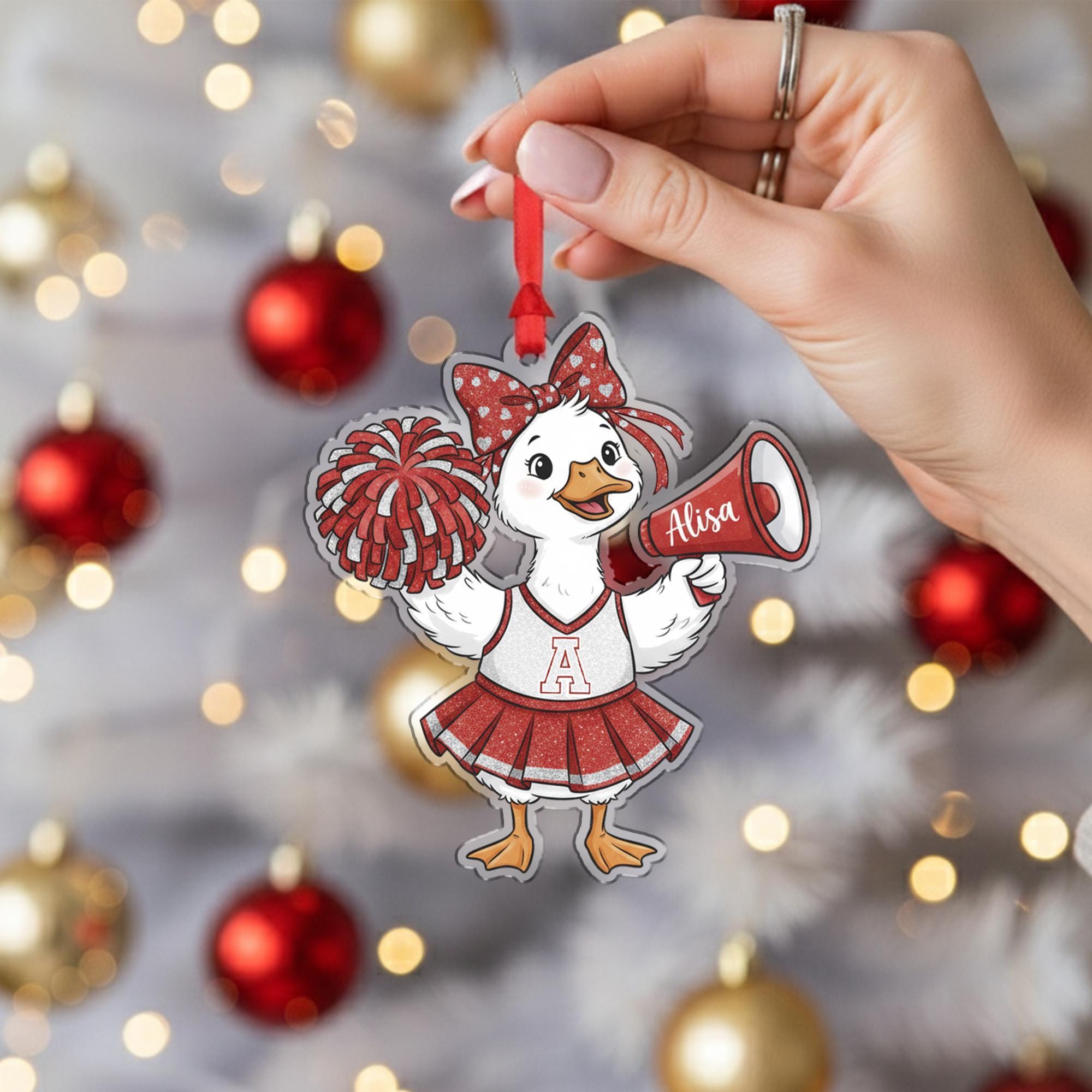 Personalized Cheerleader Duck Ornament – Custom Name Christmas Decoration with Pom Poms and Megaphone image 2