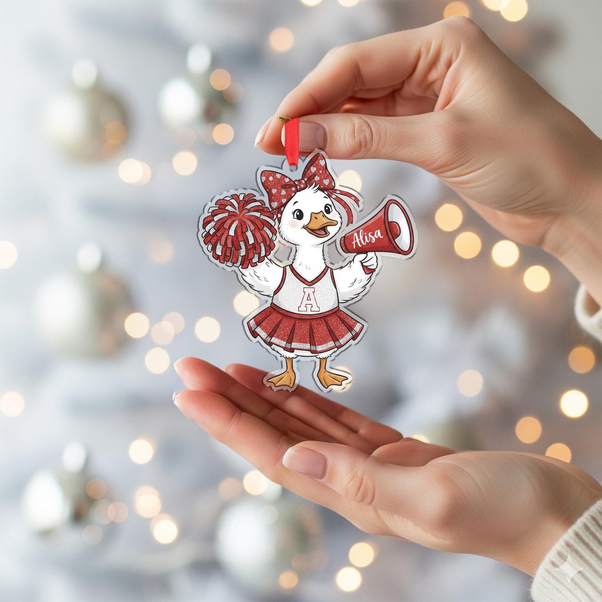 Personalized Cheerleader Duck Ornament – Custom Name Christmas Decoration with Pom Poms and Megaphone image 4