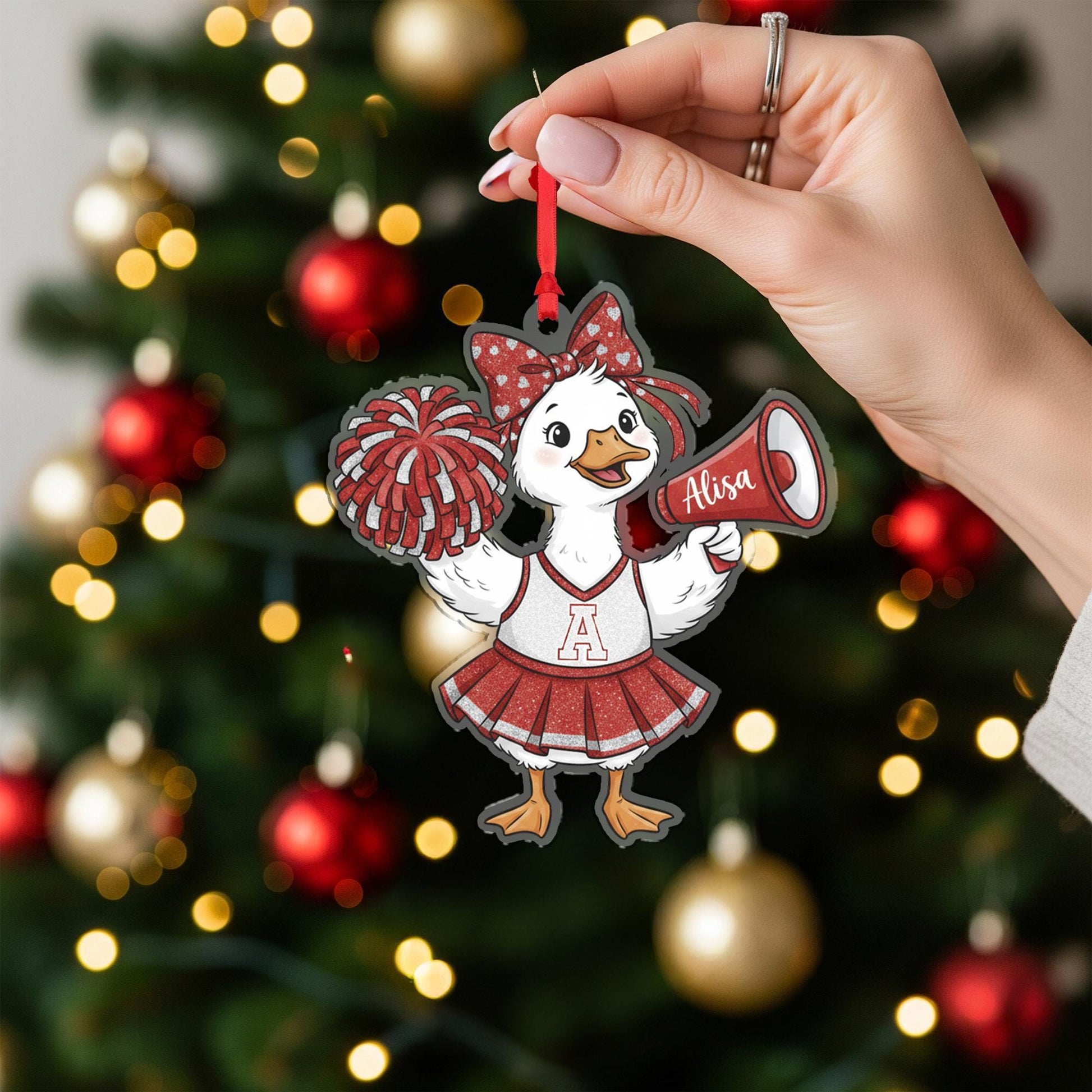Personalized Cheerleader Duck Ornament – Custom Name Christmas Decoration with Pom Poms and Megaphone image 1