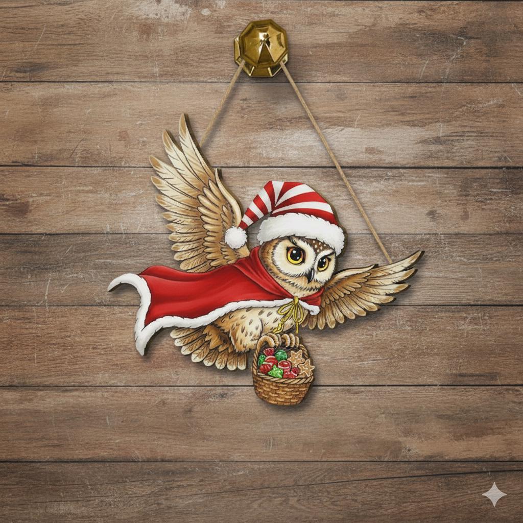 Owl Wooden Door Hanger, Christmas Wall Sign, Holiday Hanging Decor