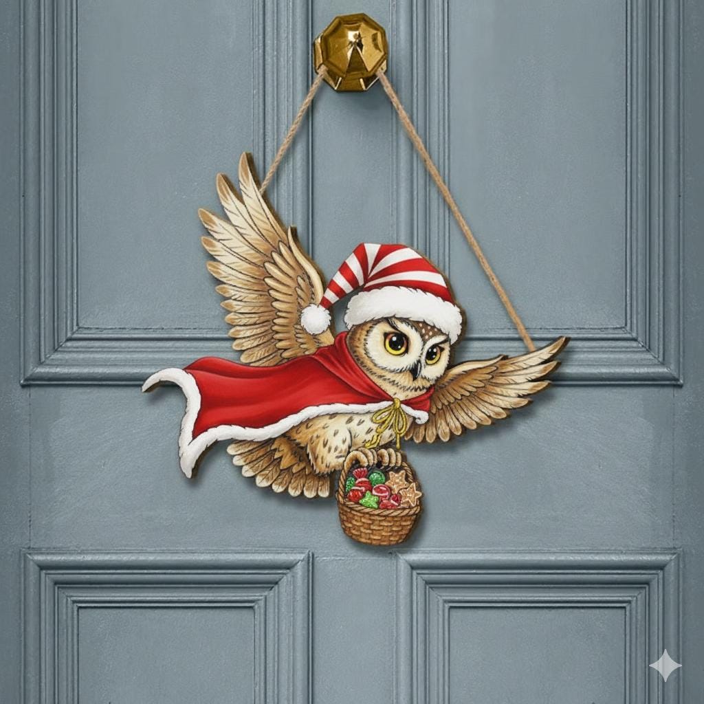 Owl Wooden Door Hanger, Christmas Wall Sign, Holiday Hanging Decor