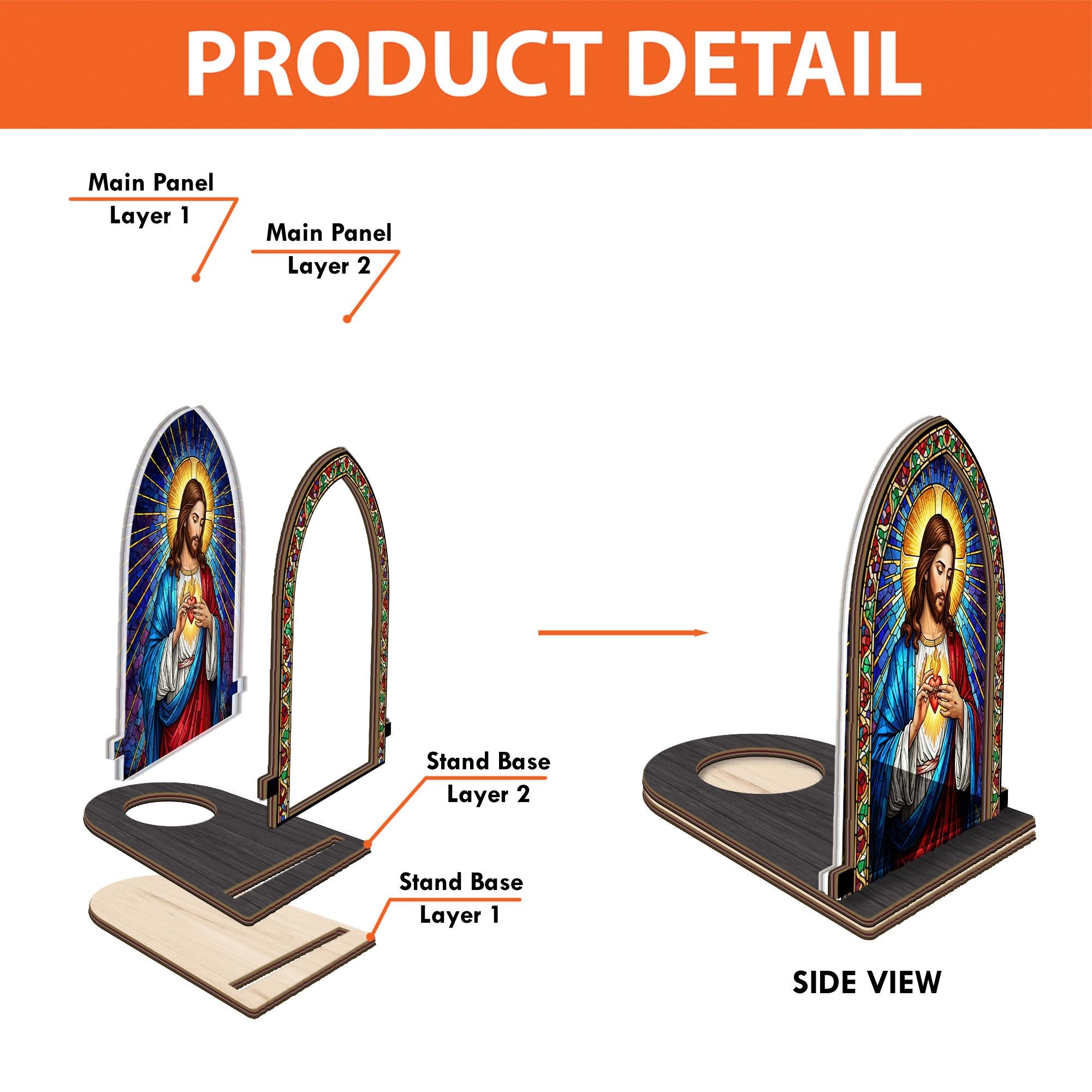 Sacred Heart Candle Holder – Stained Glass Jesus Design with Wood Base, Religious Home Decoration image 2