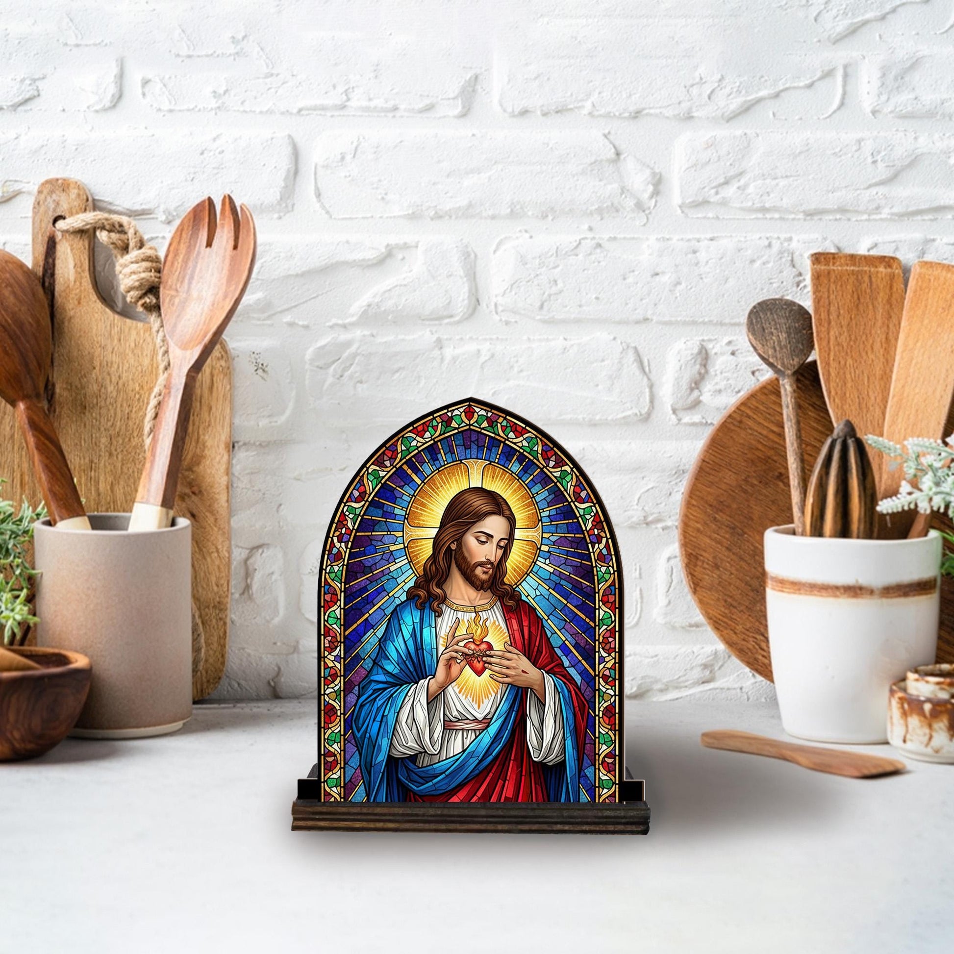 Sacred Heart Candle Holder – Stained Glass Jesus Design with Wood Base, Religious Home Decoration image 6
