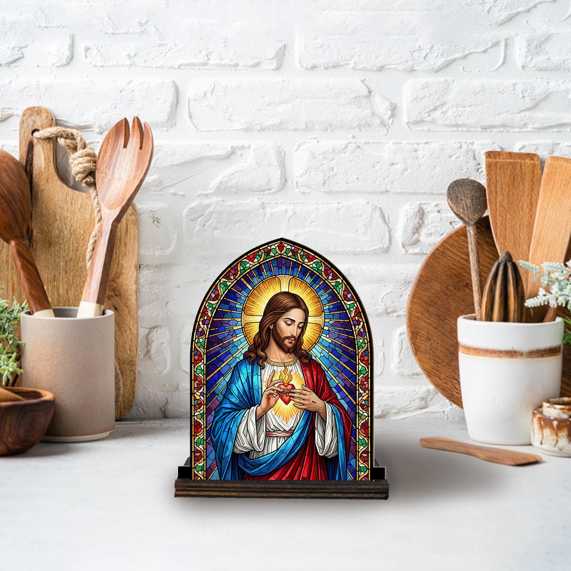 Sacred Heart Candle Holder – Stained Glass Jesus Design with Wood Base, Religious Home Decoration image 6