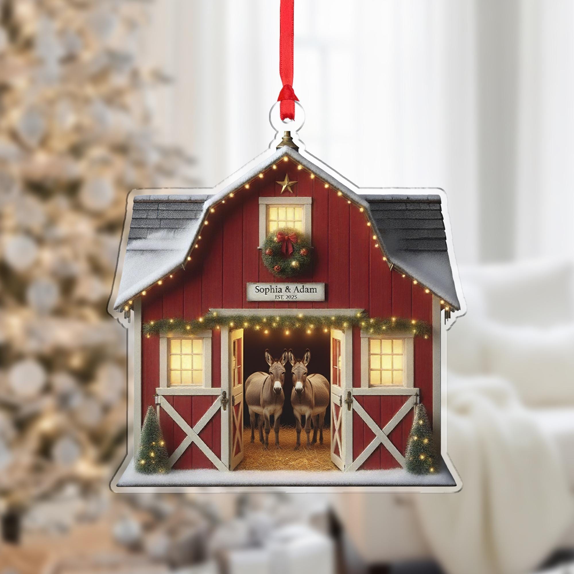 Personalized Donkey Couple Ornament — Custom Barn Farm Christmas Decoration 2025