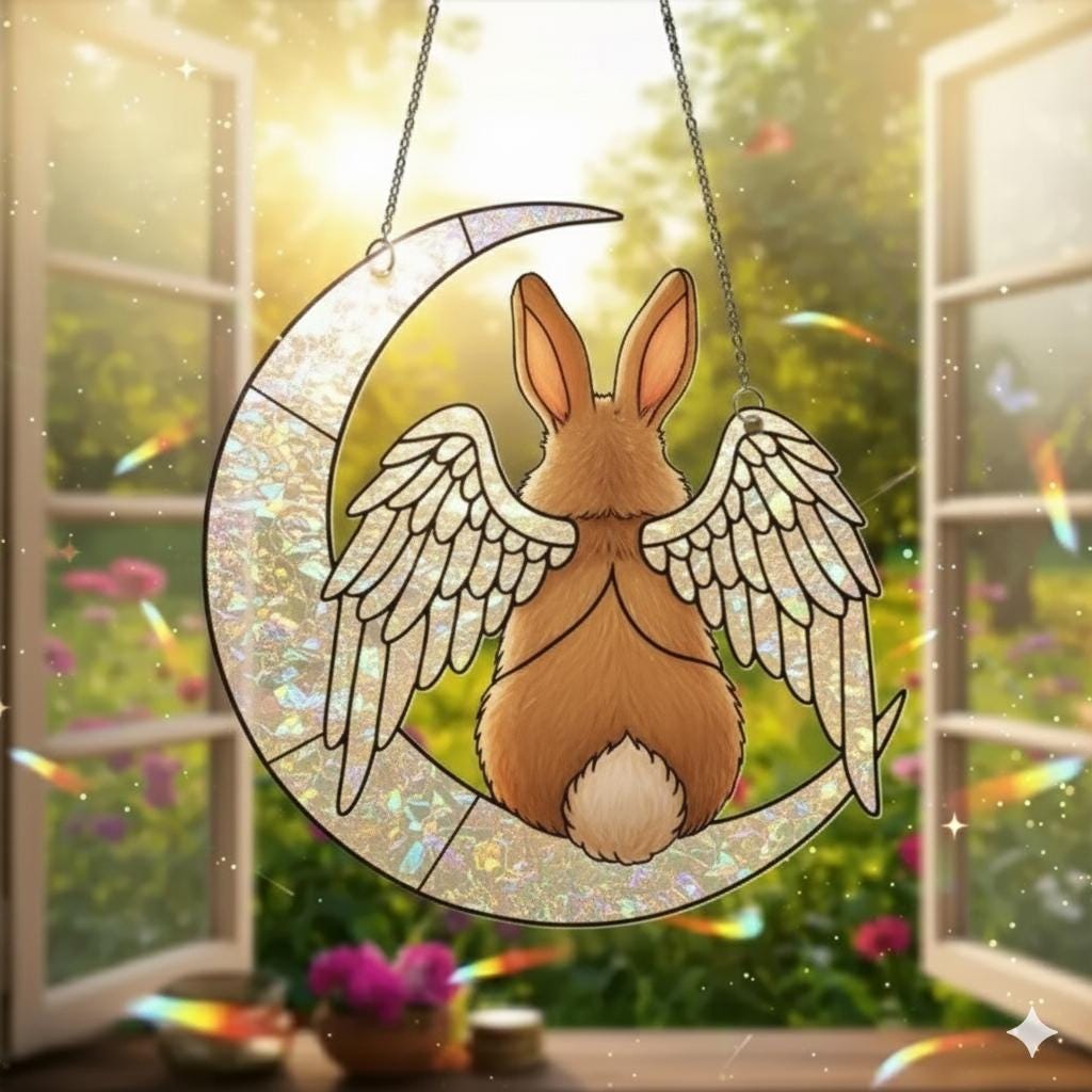 Rabbit Angel Memorial Window Hanging, Crescent Moon Suncatcher, Pet Loss Bunny Decor
