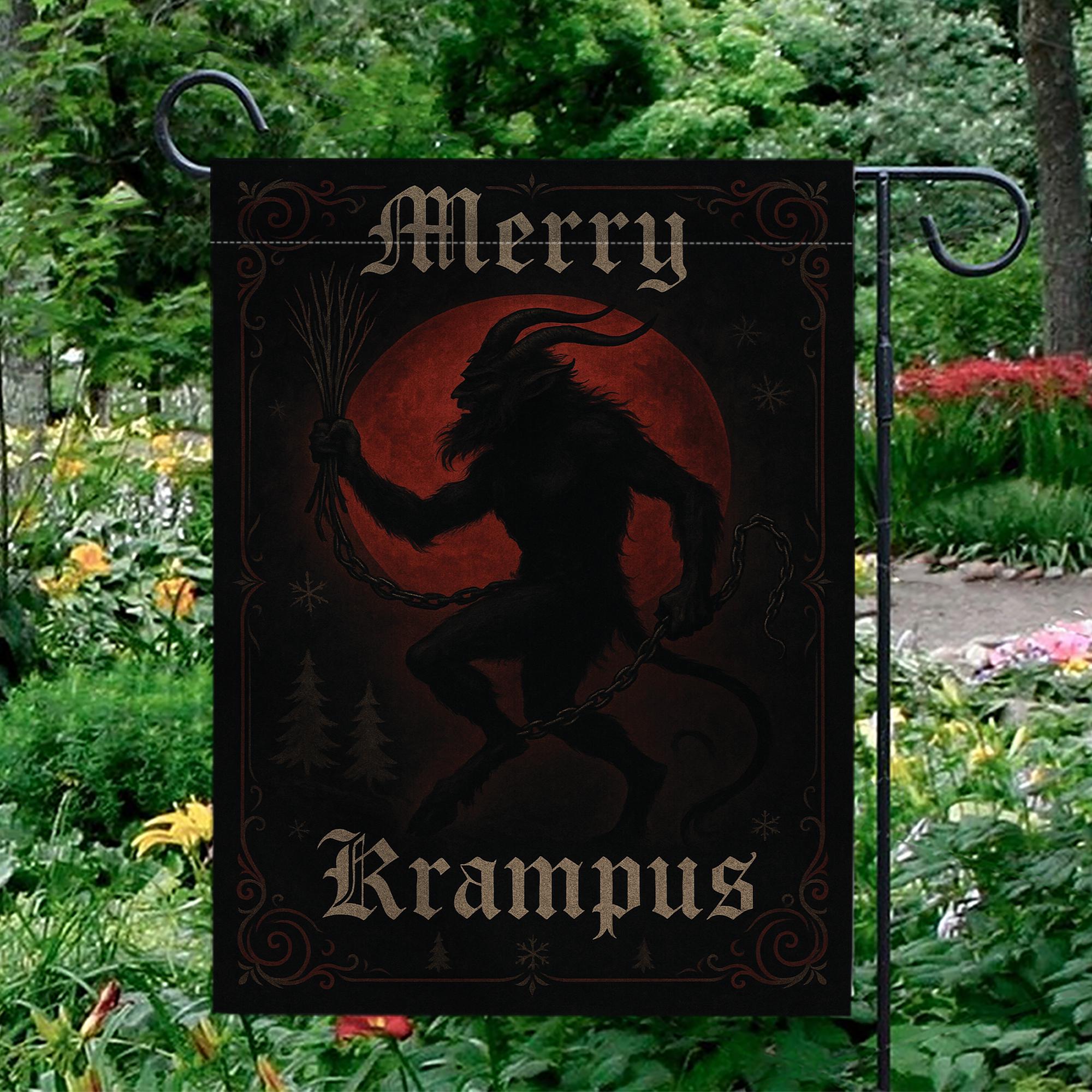 Merry Krampus Garden Flag — Gothic Christmas Outdoor Yard Decoration