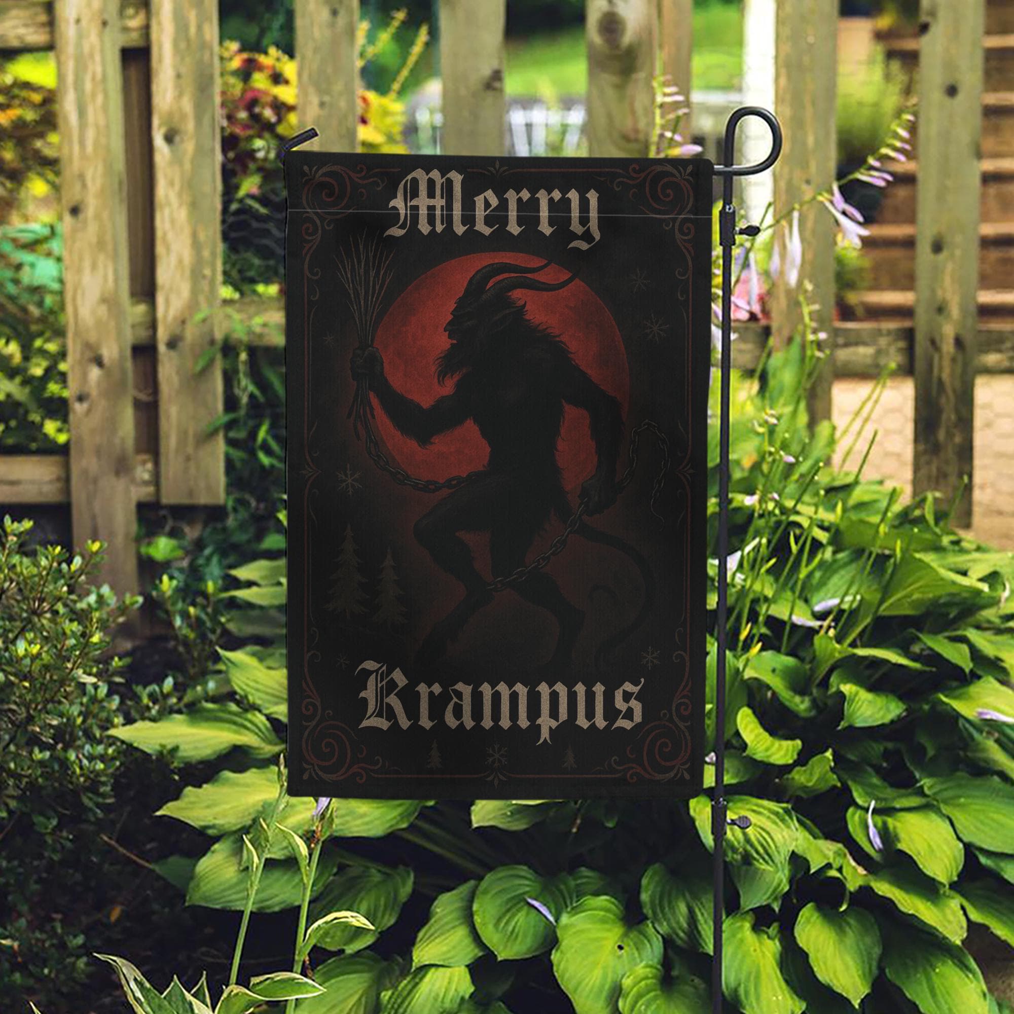 Merry Krampus Garden Flag — Gothic Christmas Outdoor Yard Decoration