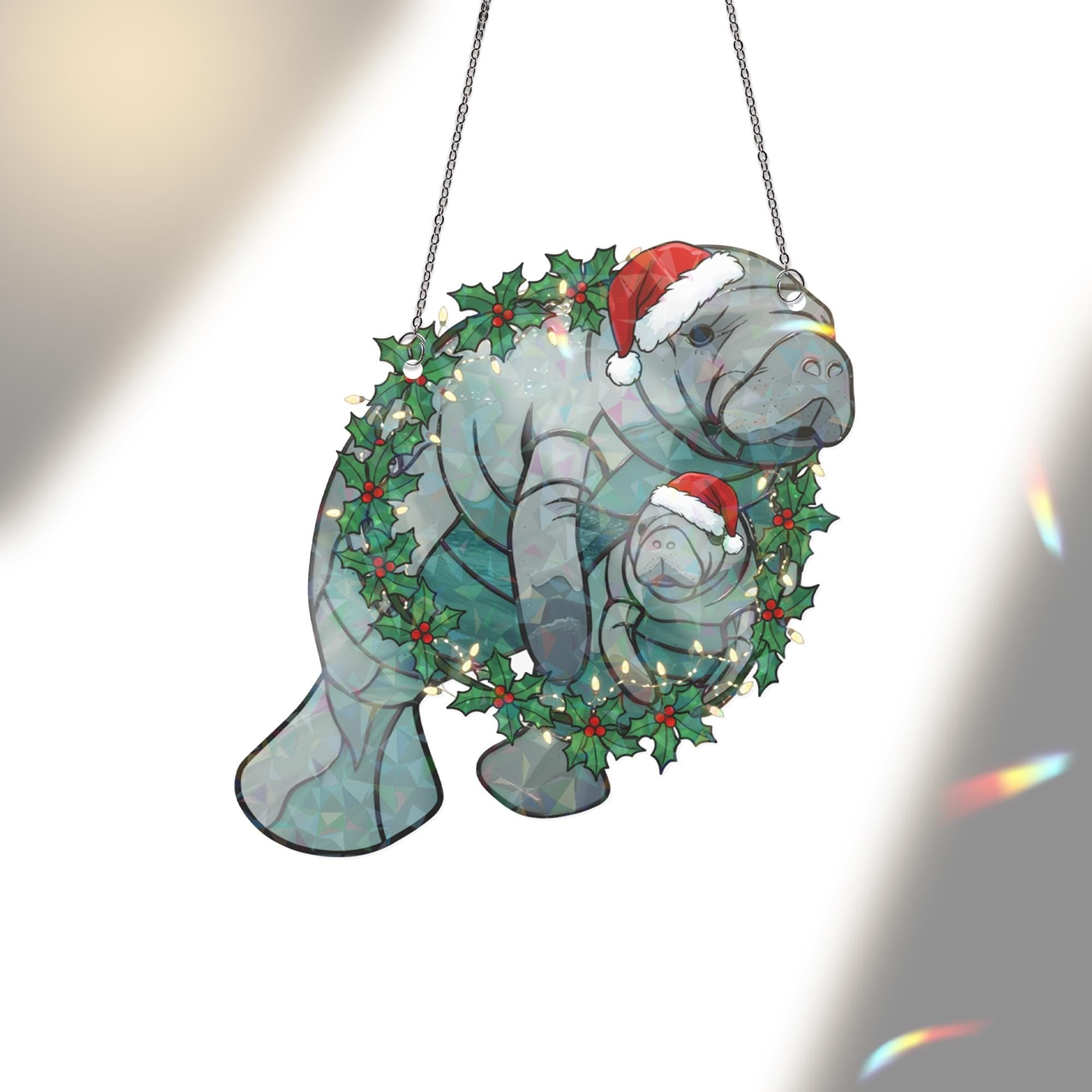 Manatee Christmas Window Hanging — Funny Holiday Decoration