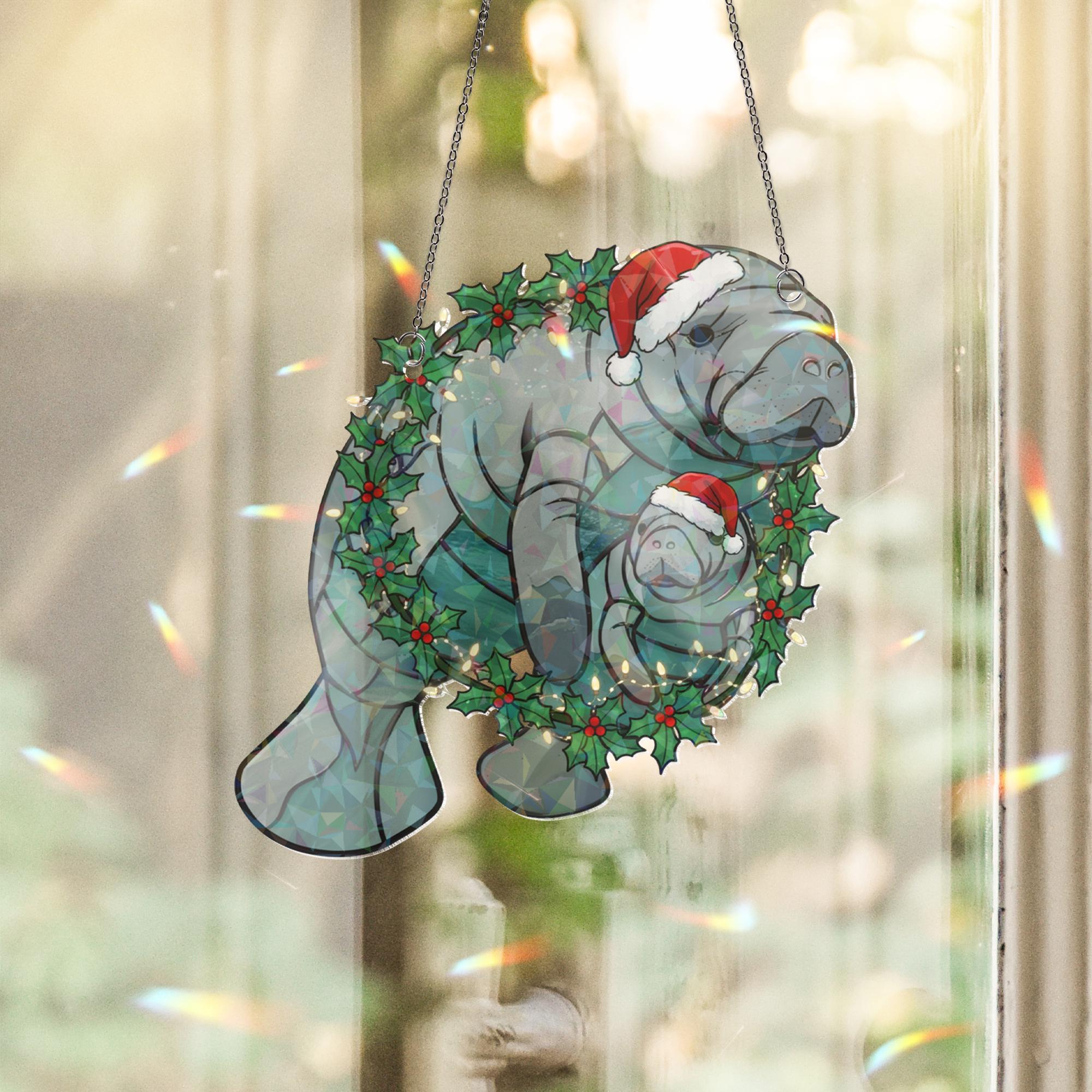 Manatee Christmas Window Hanging — Funny Holiday Decoration