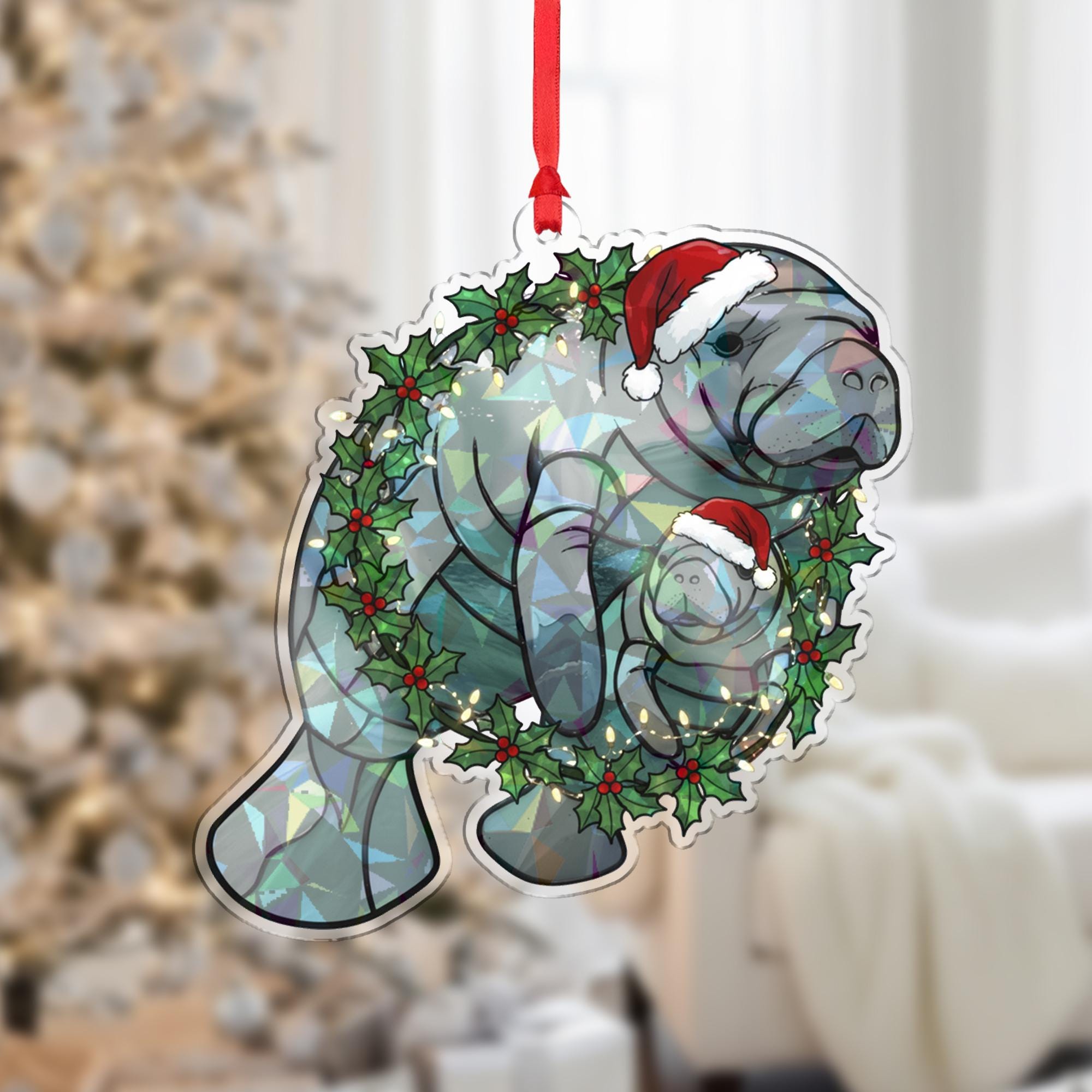 Manatee Mom Christmas Ornament — Funny Hologram Ocean Animal Holiday Tree Decoration