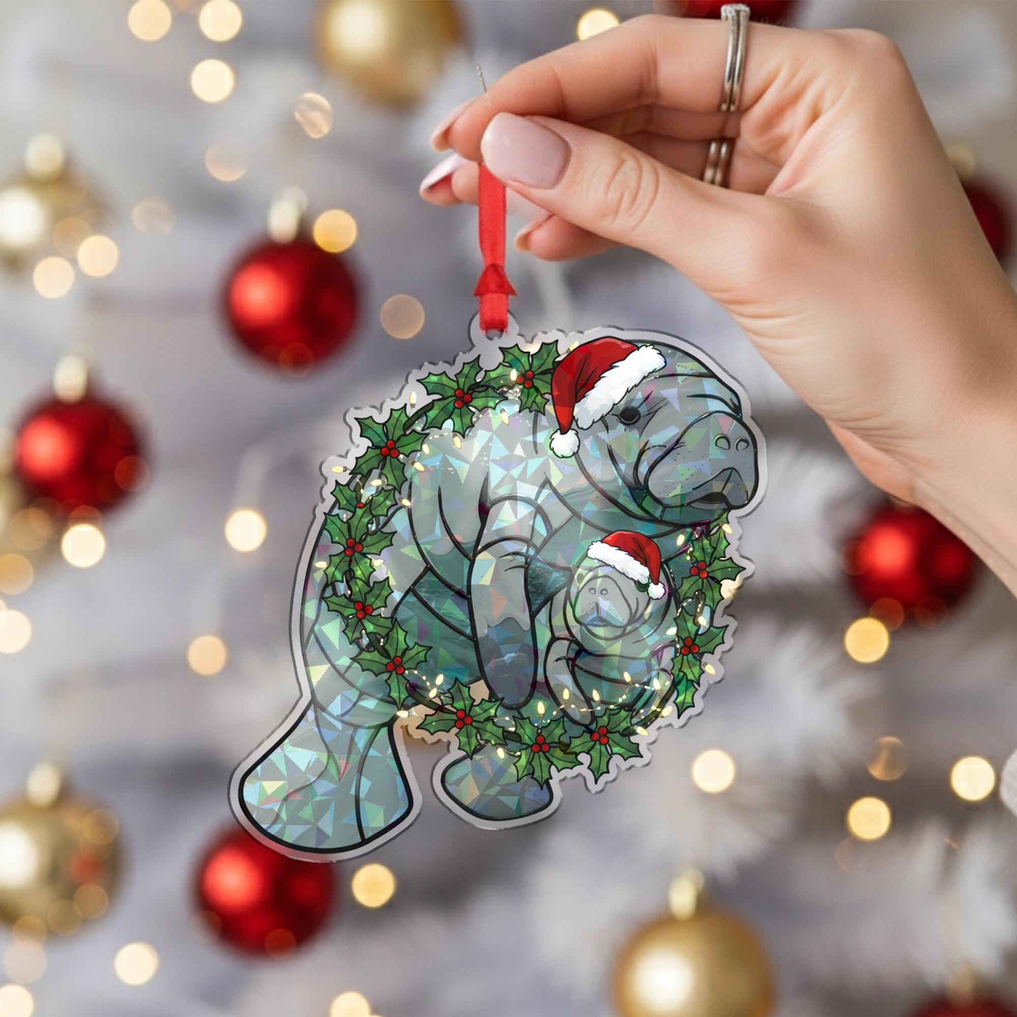 Manatee Mom Christmas Ornament — Funny Hologram Ocean Animal Holiday Tree Decoration