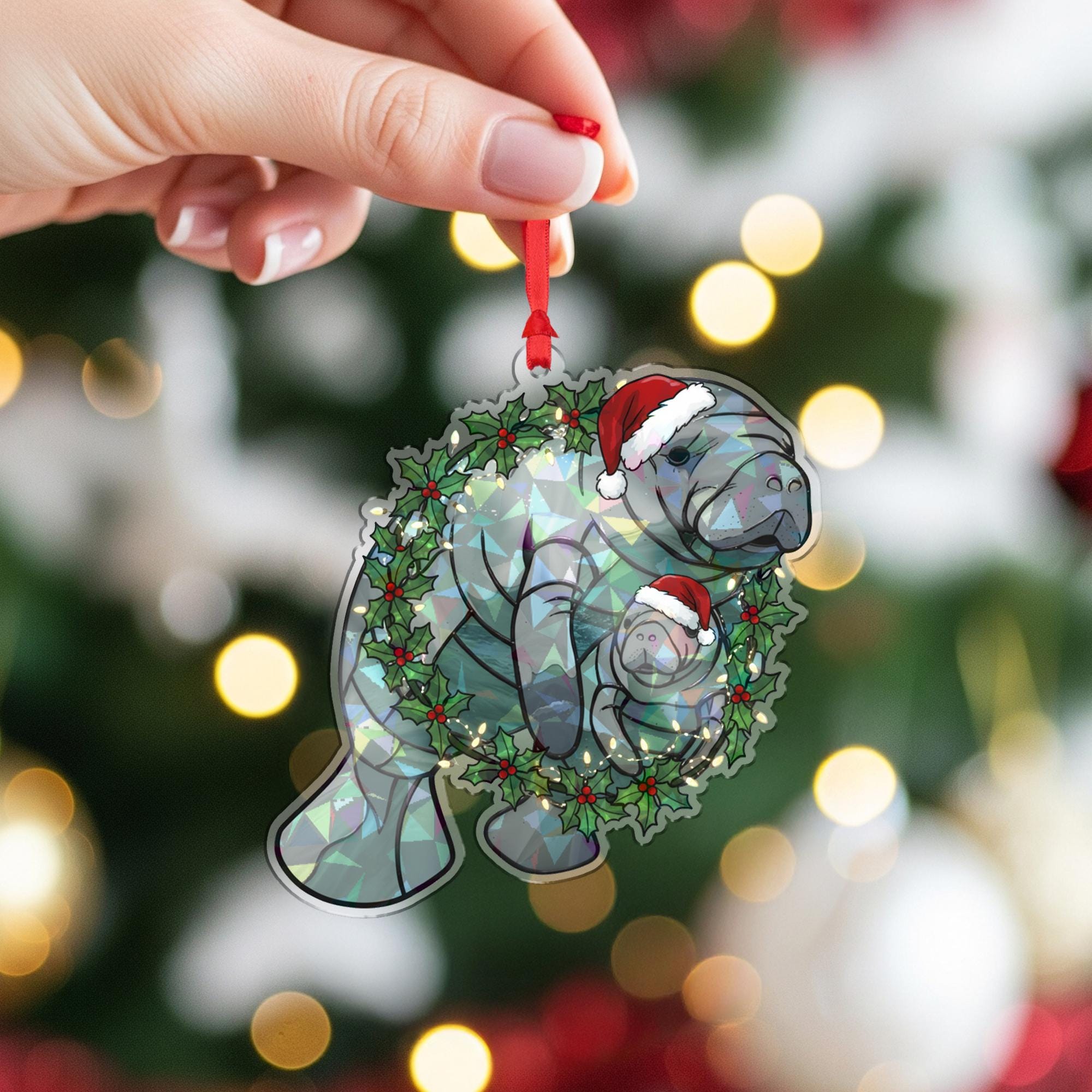 Manatee Mom Christmas Ornament — Funny Hologram Ocean Animal Holiday Tree Decoration