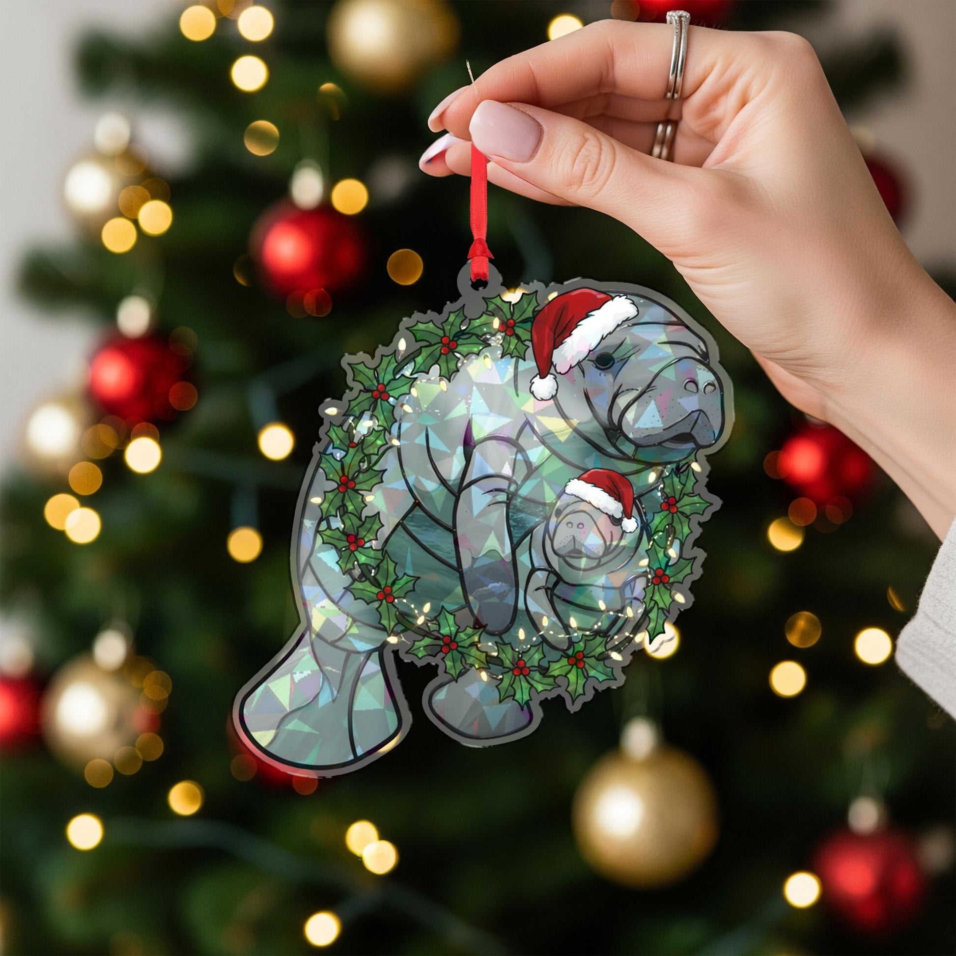 Manatee Mom Christmas Ornament — Funny Hologram Ocean Animal Holiday Tree Decoration