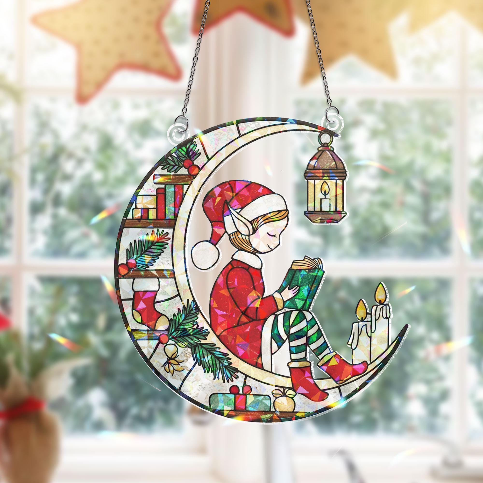Elf Moon Christmas Window Hanging — Holiday Decoration 2025