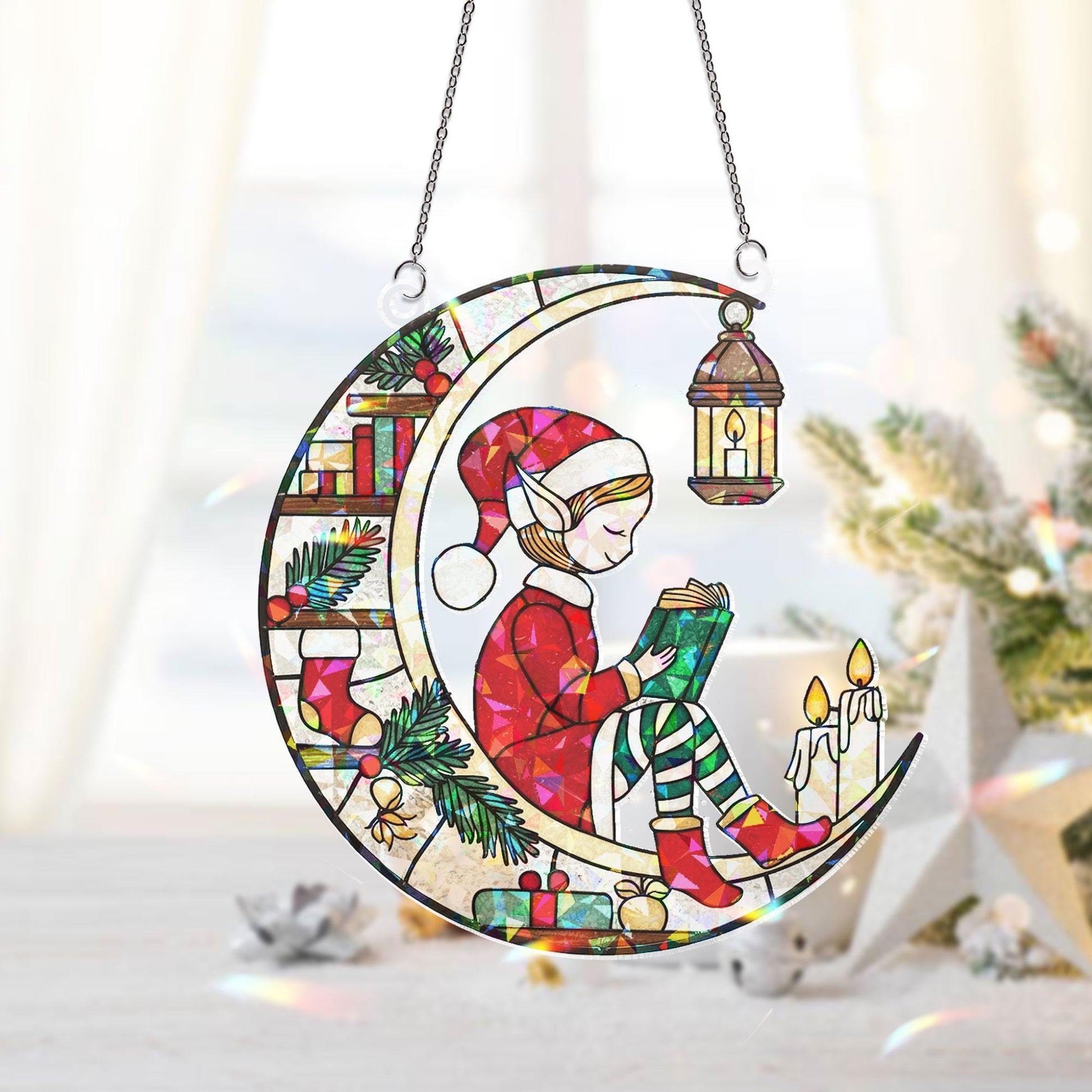 Elf Moon Christmas Window Hanging — Holiday Decoration 2025