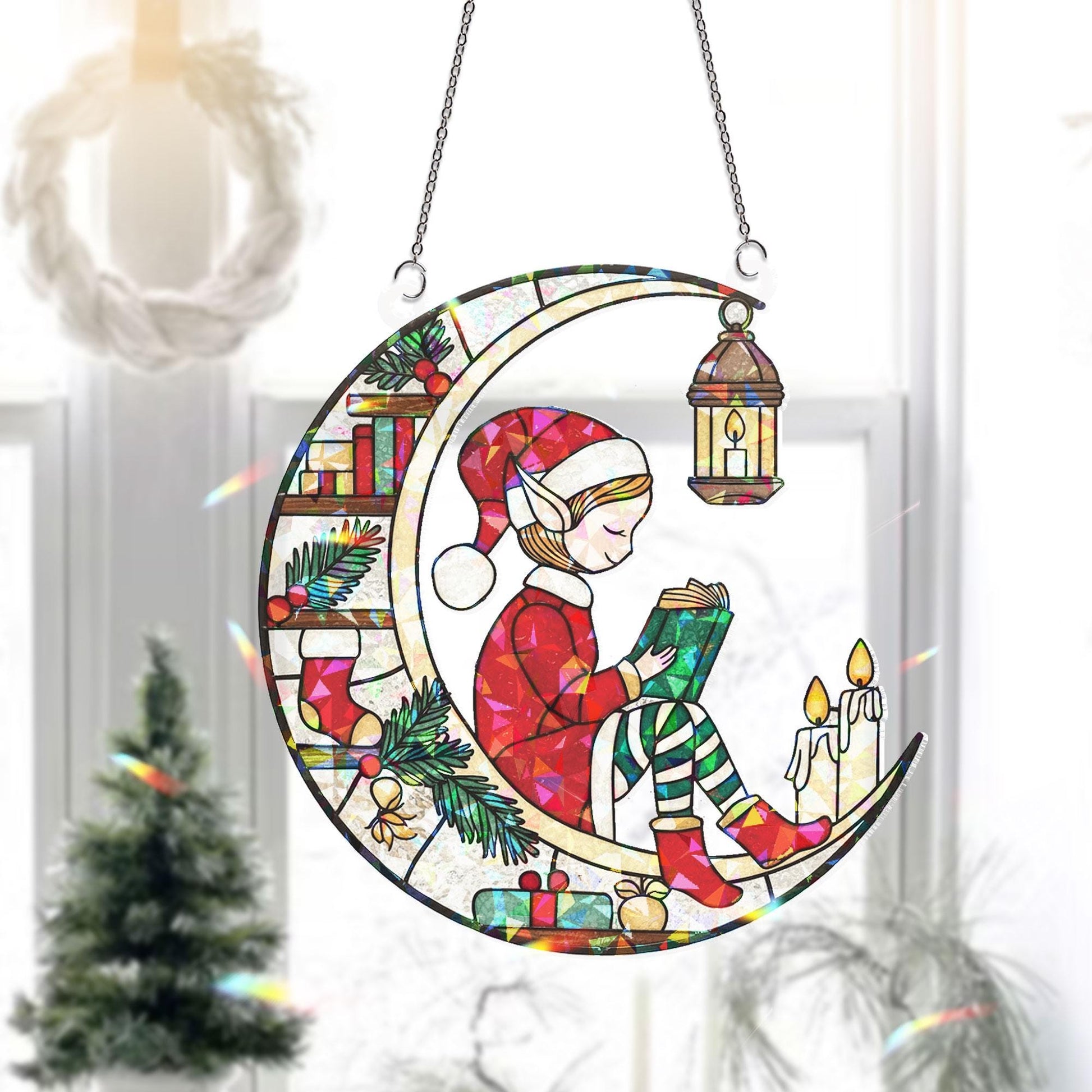 Elf Moon Christmas Window Hanging — Holiday Decoration 2025