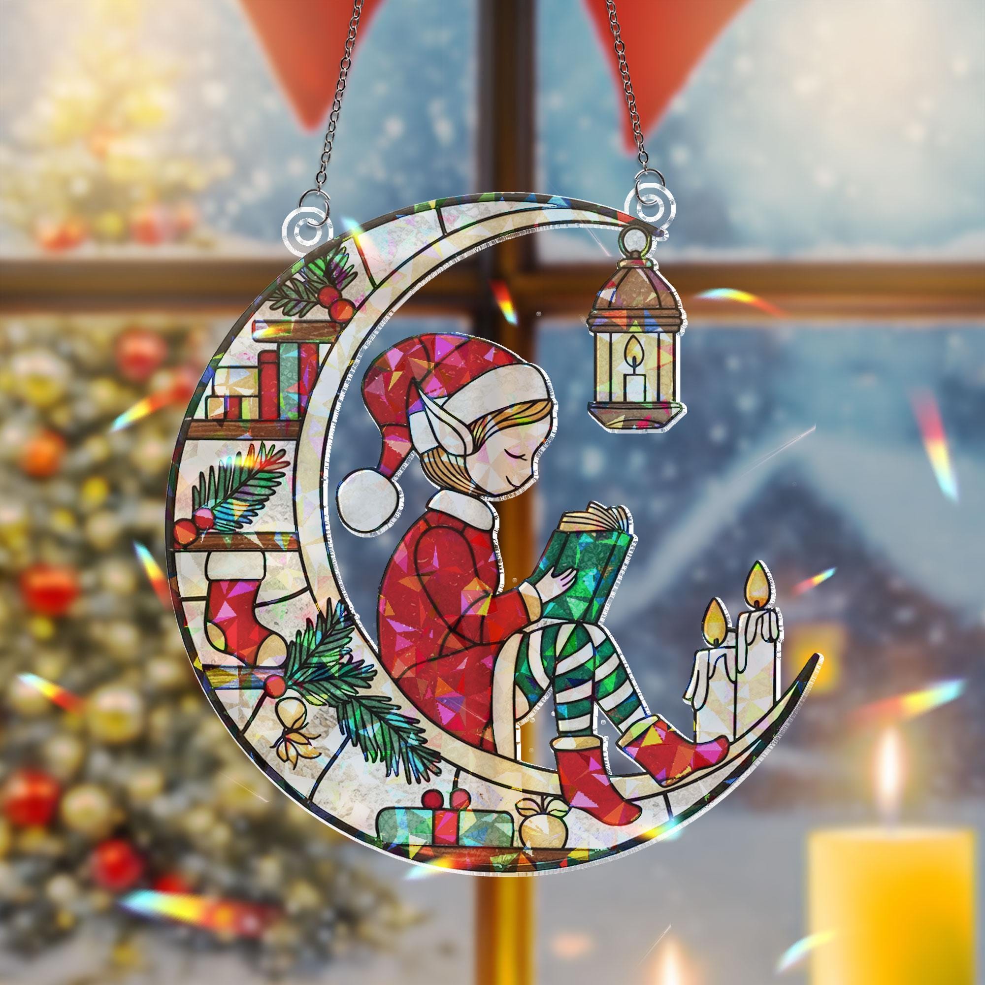 Elf Moon Christmas Window Hanging — Holiday Decoration 2025