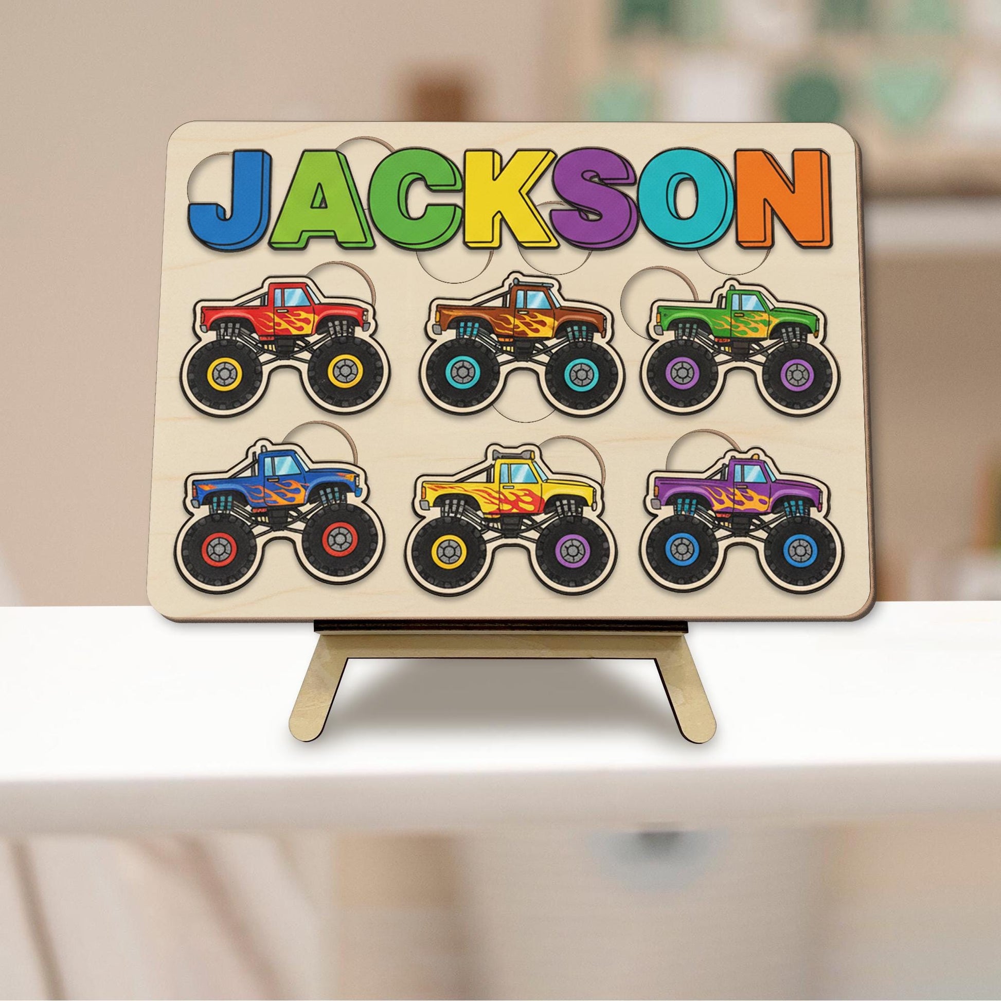Custom Wooden Name Puzzle - Monster Truck Theme Toddler Toy for Kids, Christmas Gifts image 4