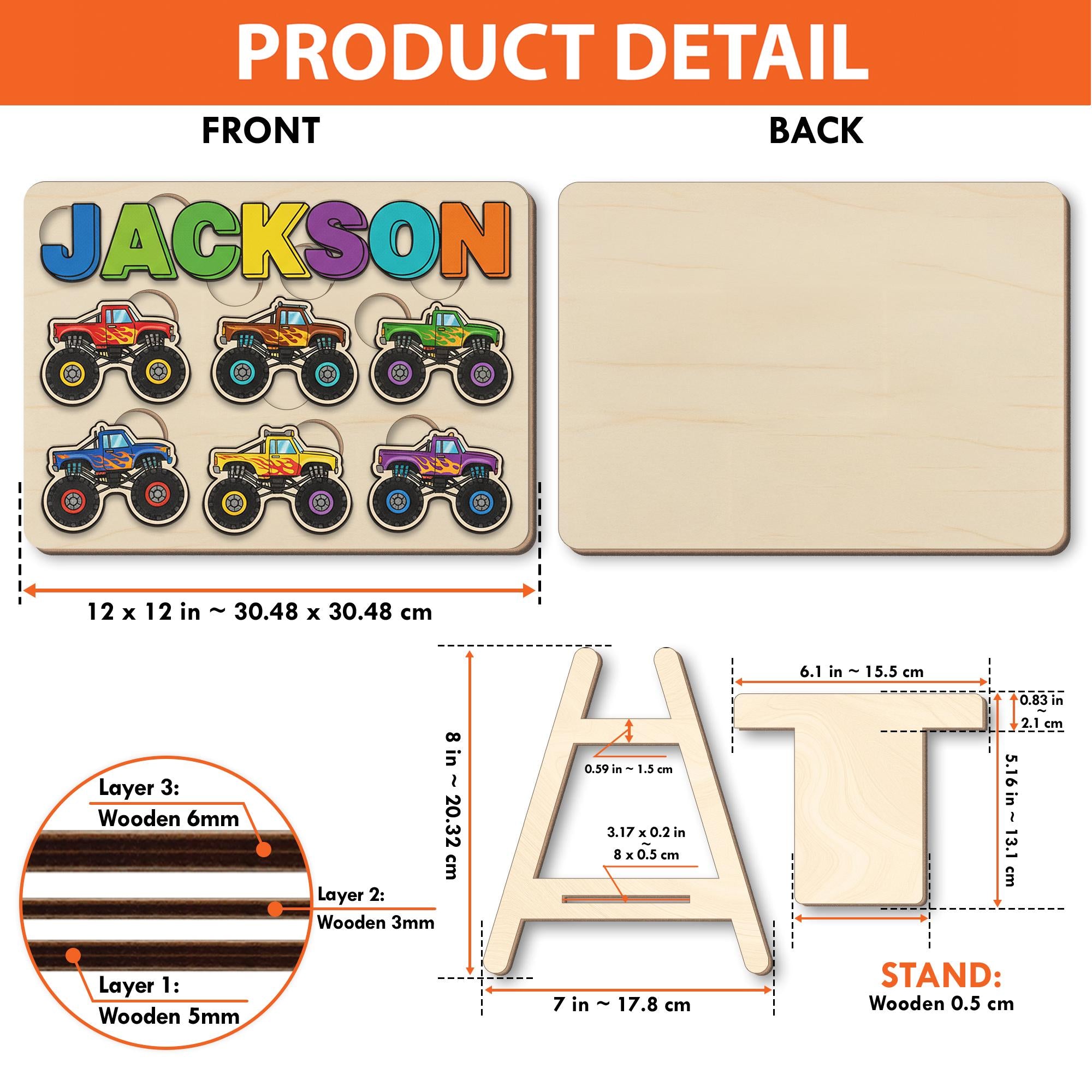 Custom Wooden Name Puzzle - Monster Truck Theme Toddler Toy for Kids, Christmas Gifts image 2