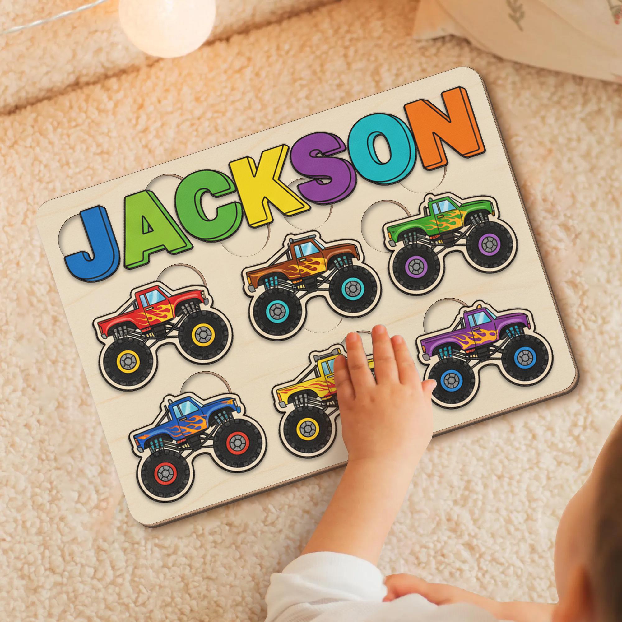 Custom Wooden Name Puzzle - Monster Truck Theme Toddler Toy for Kids, Christmas Gifts image 6