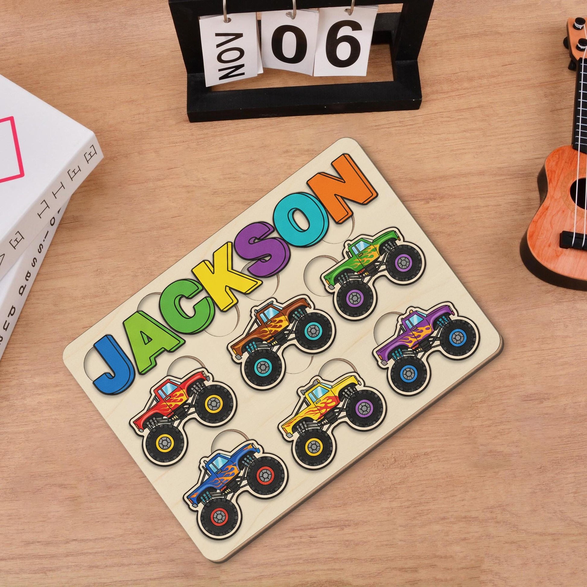 Custom Wooden Name Puzzle - Monster Truck Theme Toddler Toy for Kids, Christmas Gifts image 5
