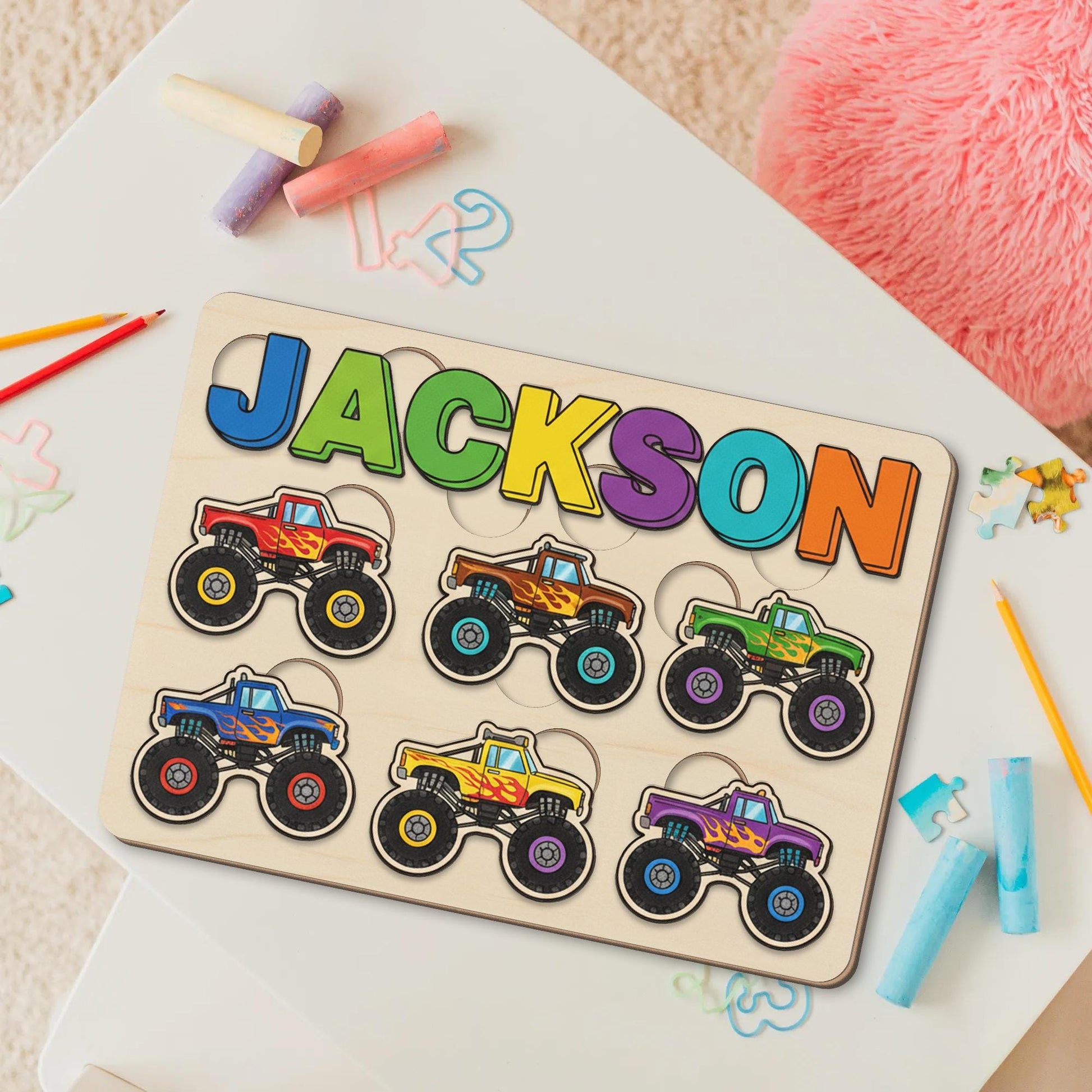 Custom Wooden Name Puzzle - Monster Truck Theme Toddler Toy for Kids, Christmas Gifts image 1