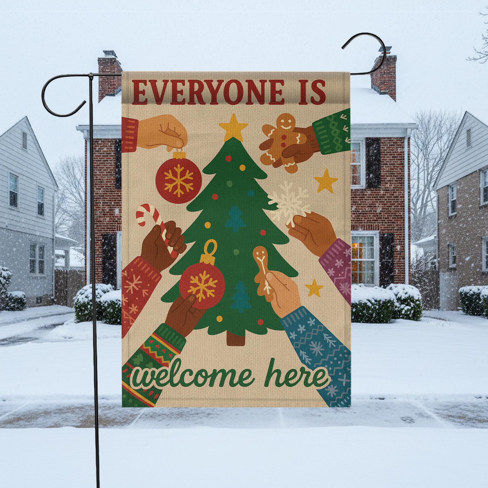 Inclusive Christmas Garden Flag — Everyone Is Welcome Holiday Outdoor Yard Decor