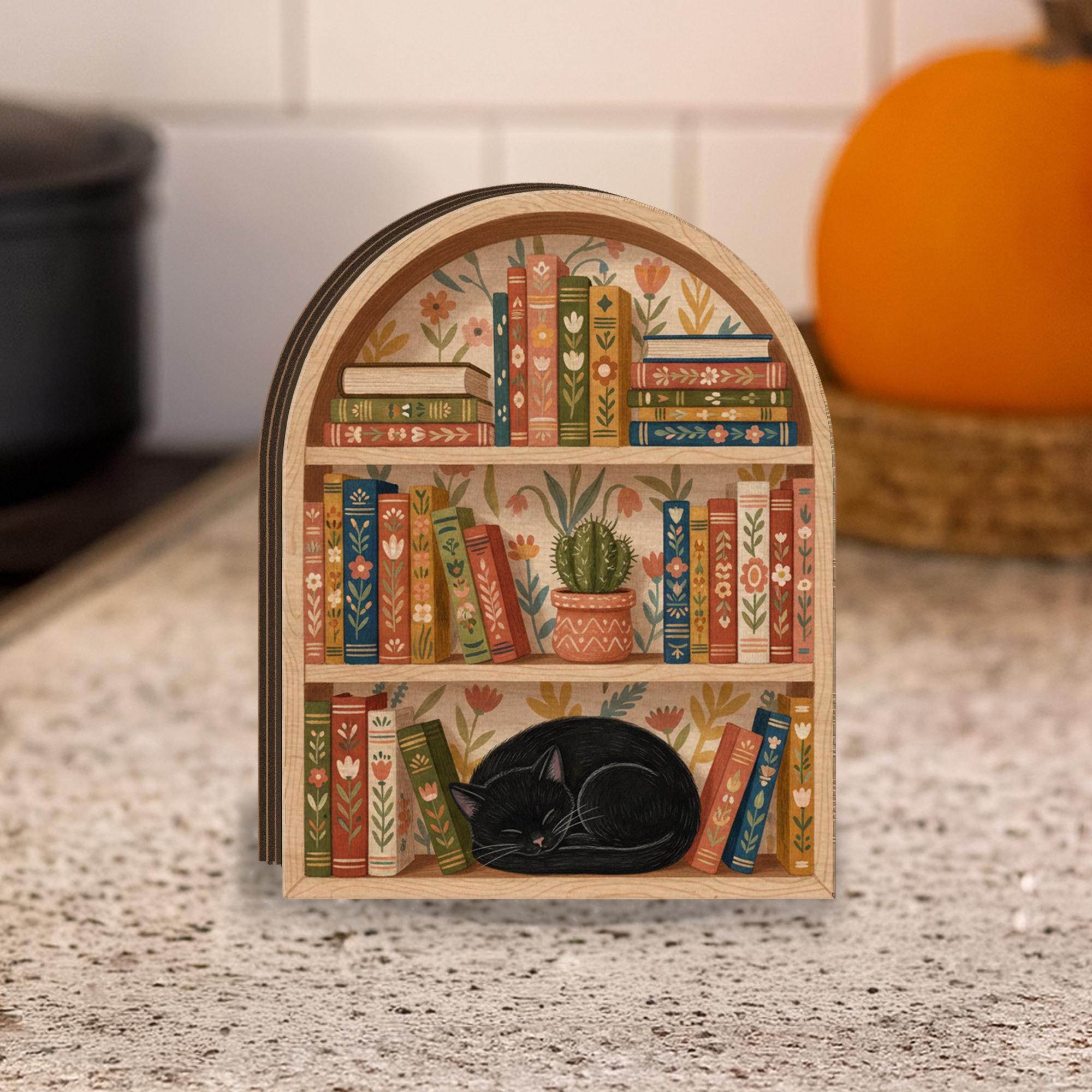 Book Lover Wooden Block Decor: Cat Reading Nook Shelf | Rustic Bookish Home Decor image 5
