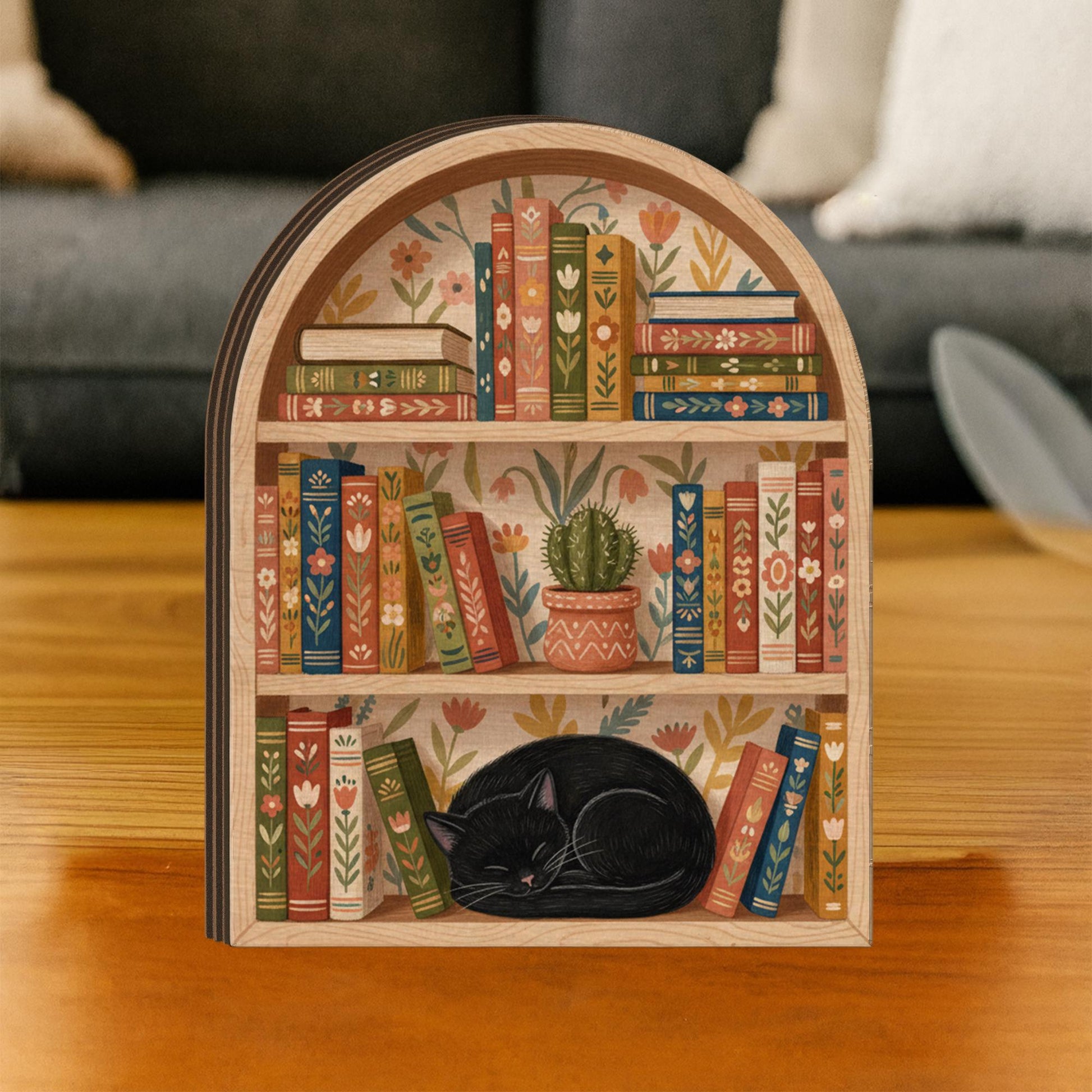 Book Lover Wooden Block Decor: Cat Reading Nook Shelf | Rustic Bookish Home Decor image 1
