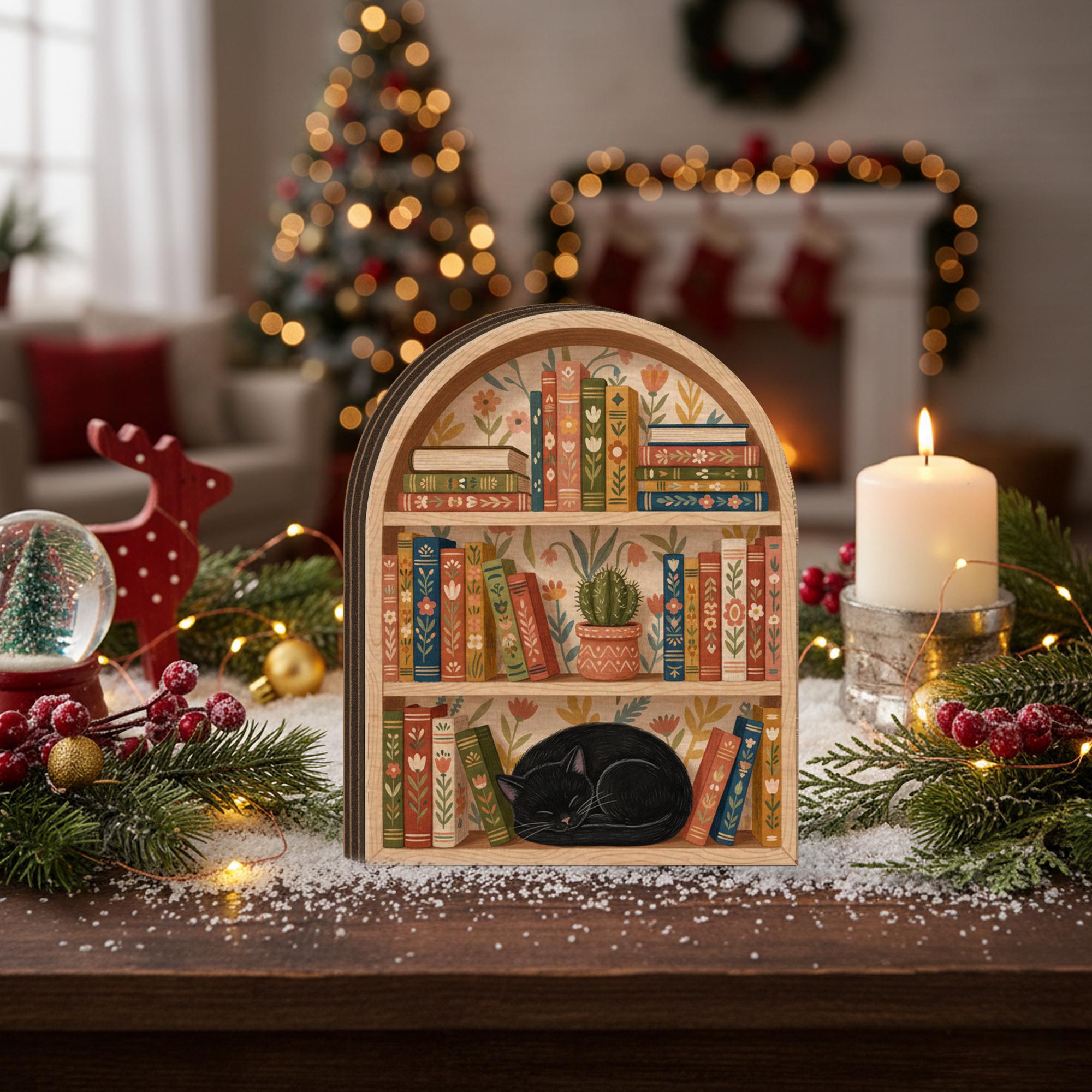 Book Lover Wooden Block Decor: Cat Reading Nook Shelf | Rustic Bookish Home Decor image 4