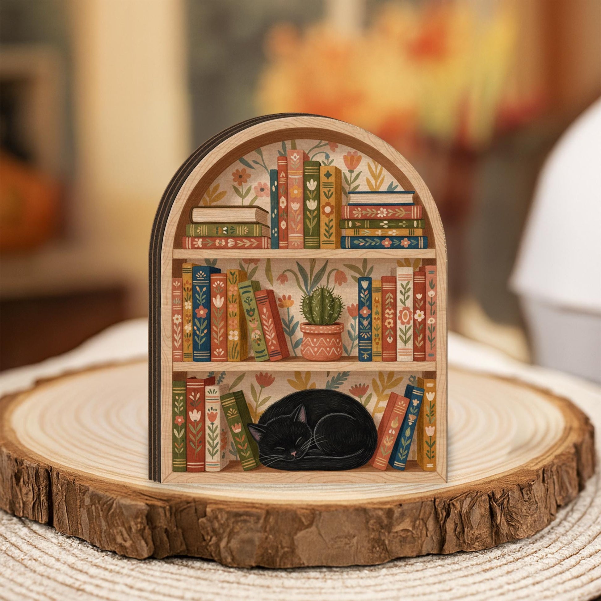 Book Lover Wooden Block Decor: Cat Reading Nook Shelf | Rustic Bookish Home Decor image 6