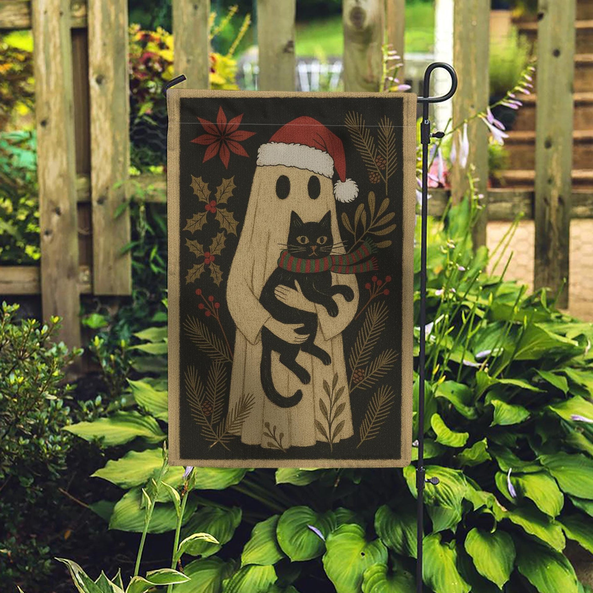 Ghost Christmas Garden Flag — Gothic Black Cat Holiday Outdoor Yard Decor