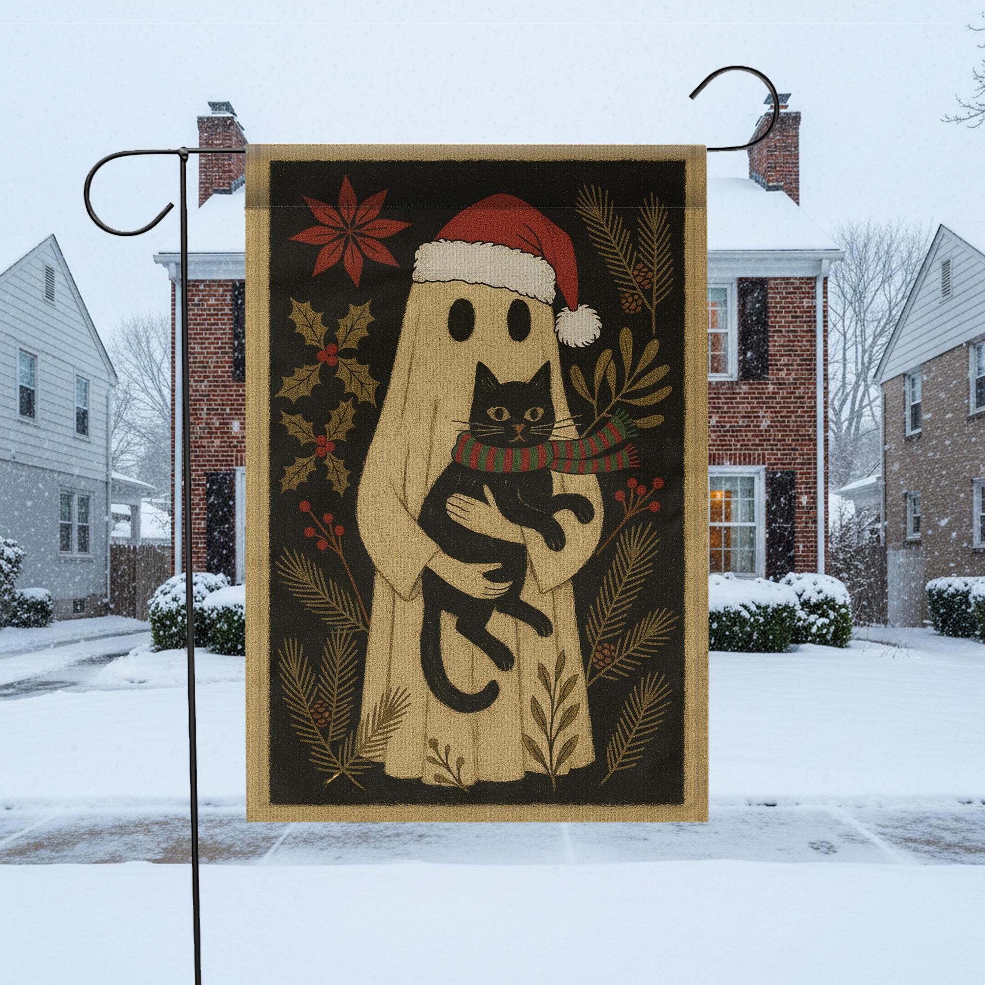 Ghost Christmas Garden Flag — Gothic Black Cat Holiday Outdoor Yard Decor